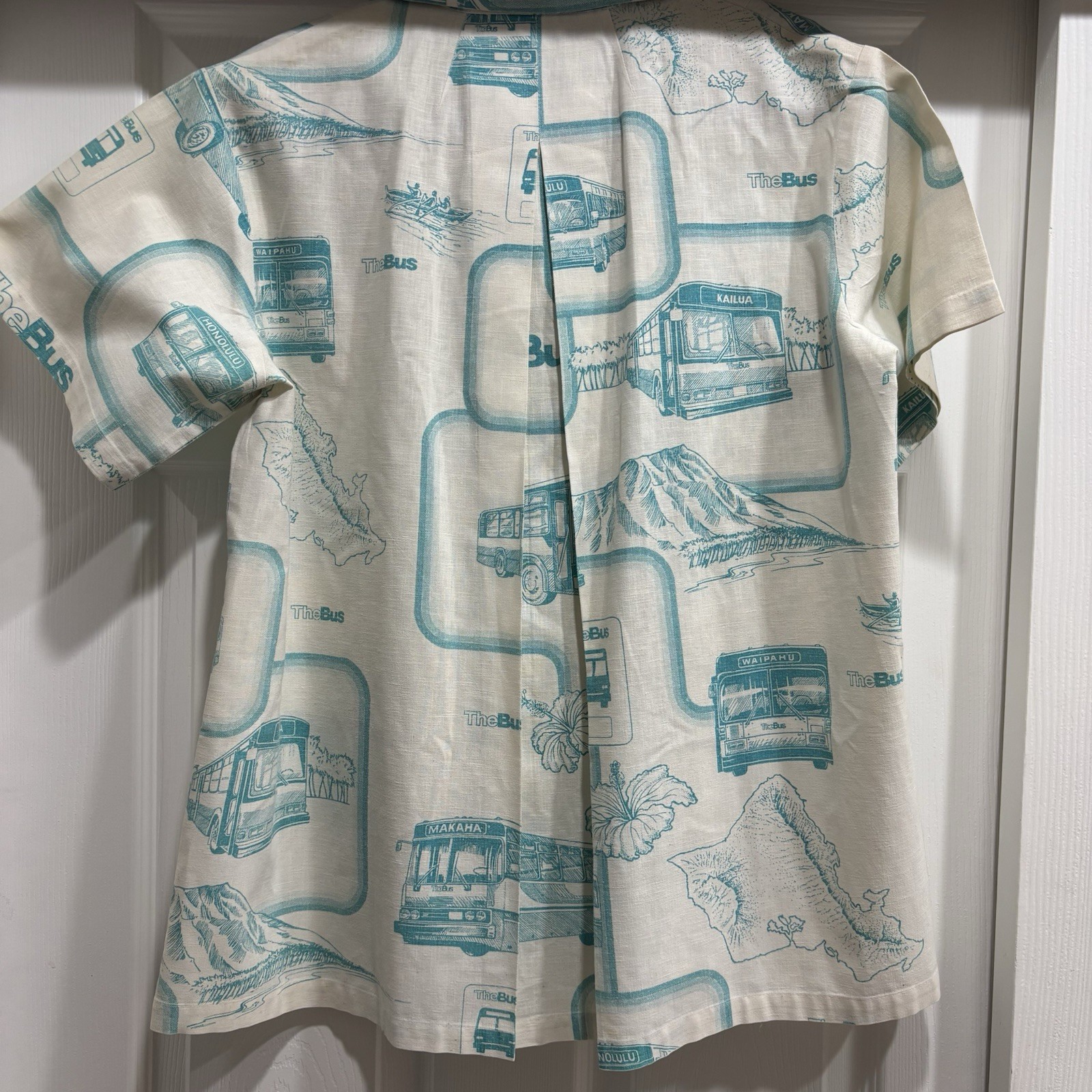 Vintage Hawaiian Aloha TheBus Bus Driver Uniform Shirt White Teal Size 14