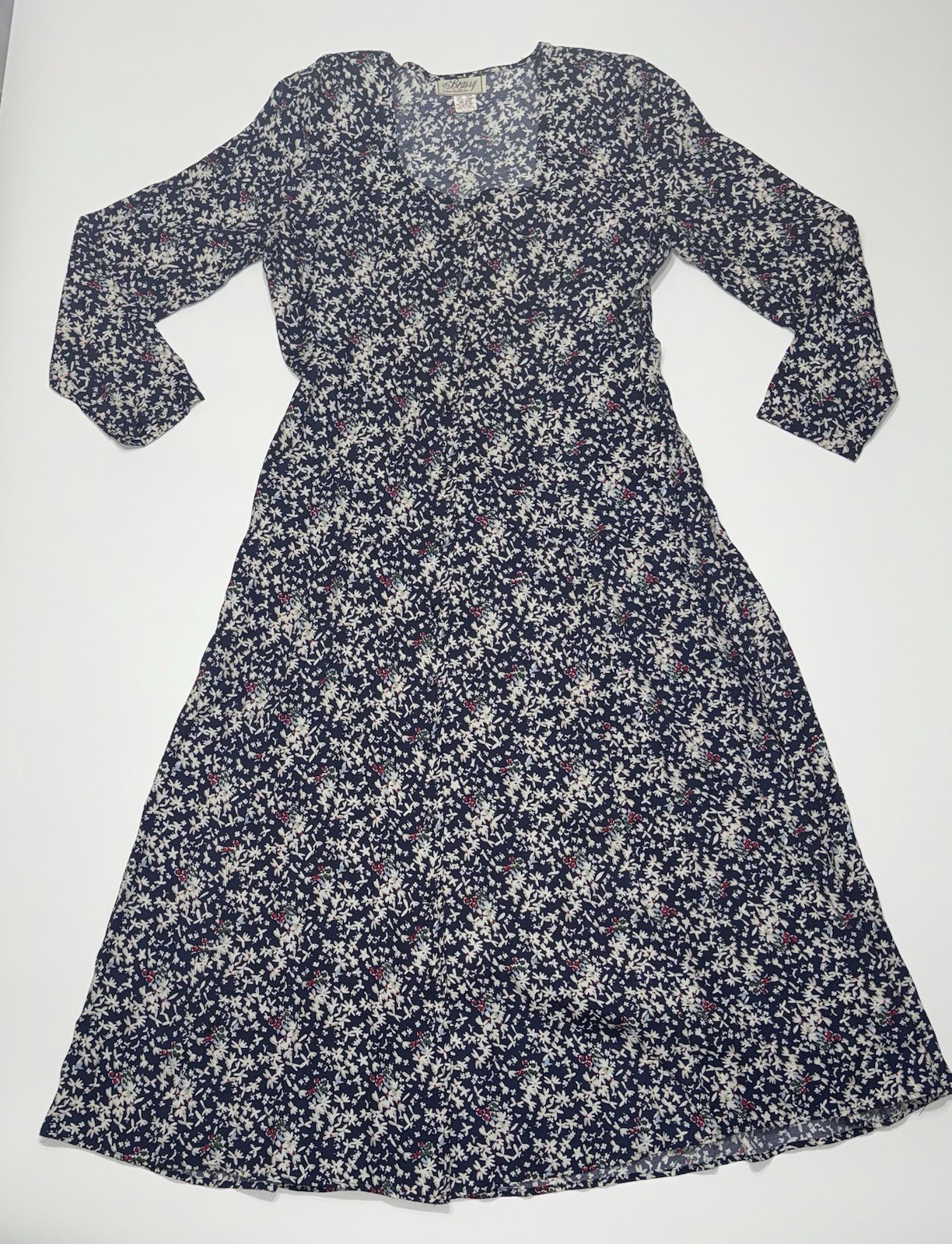 Vintage 90s Floral Rayon Midi Dress Navy White Grunge Cottagecore USA Sz 9