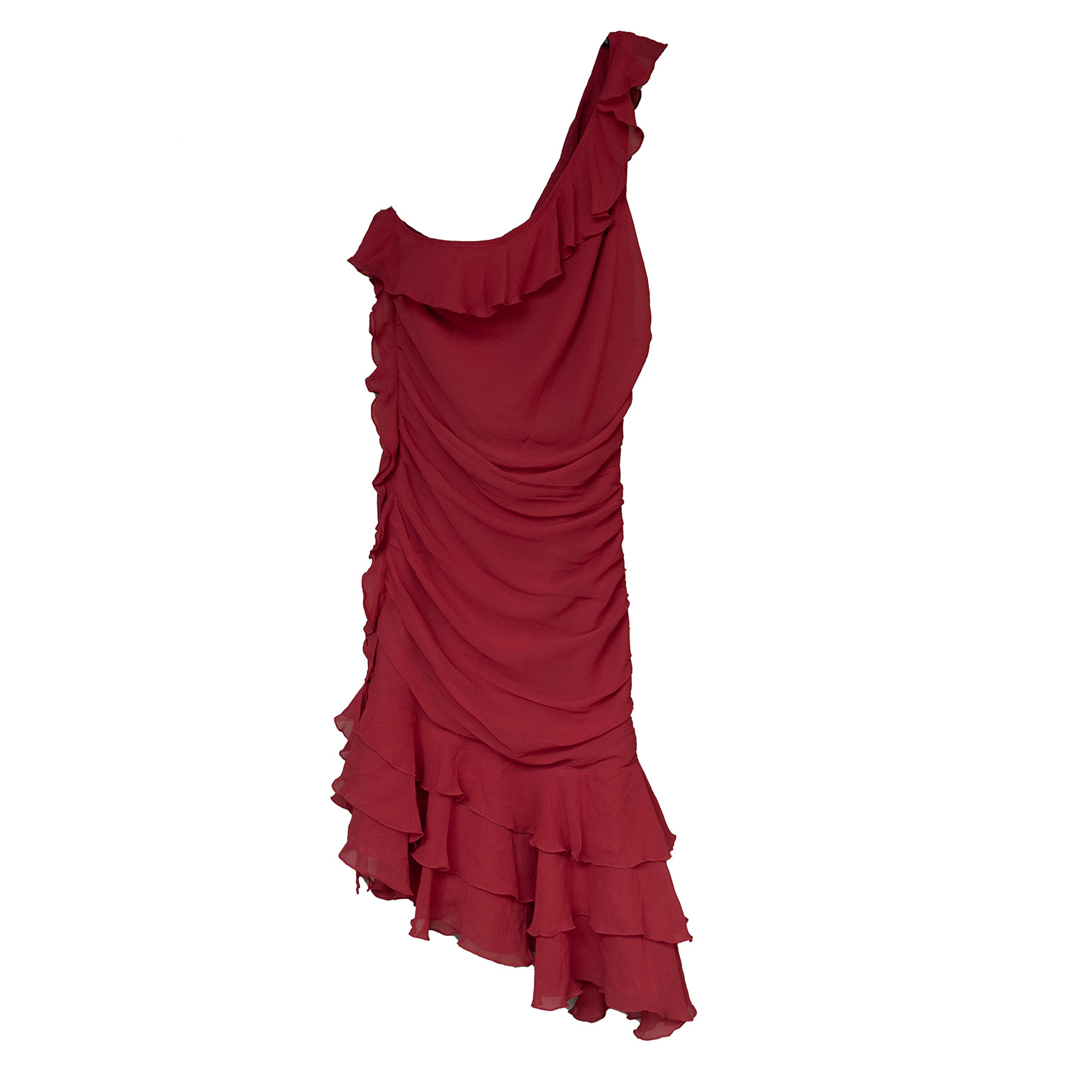 100% Silk Red Ruffle Dress Y2k Vintage One Shoulder Ruffle Asymmetrical Hem Midi