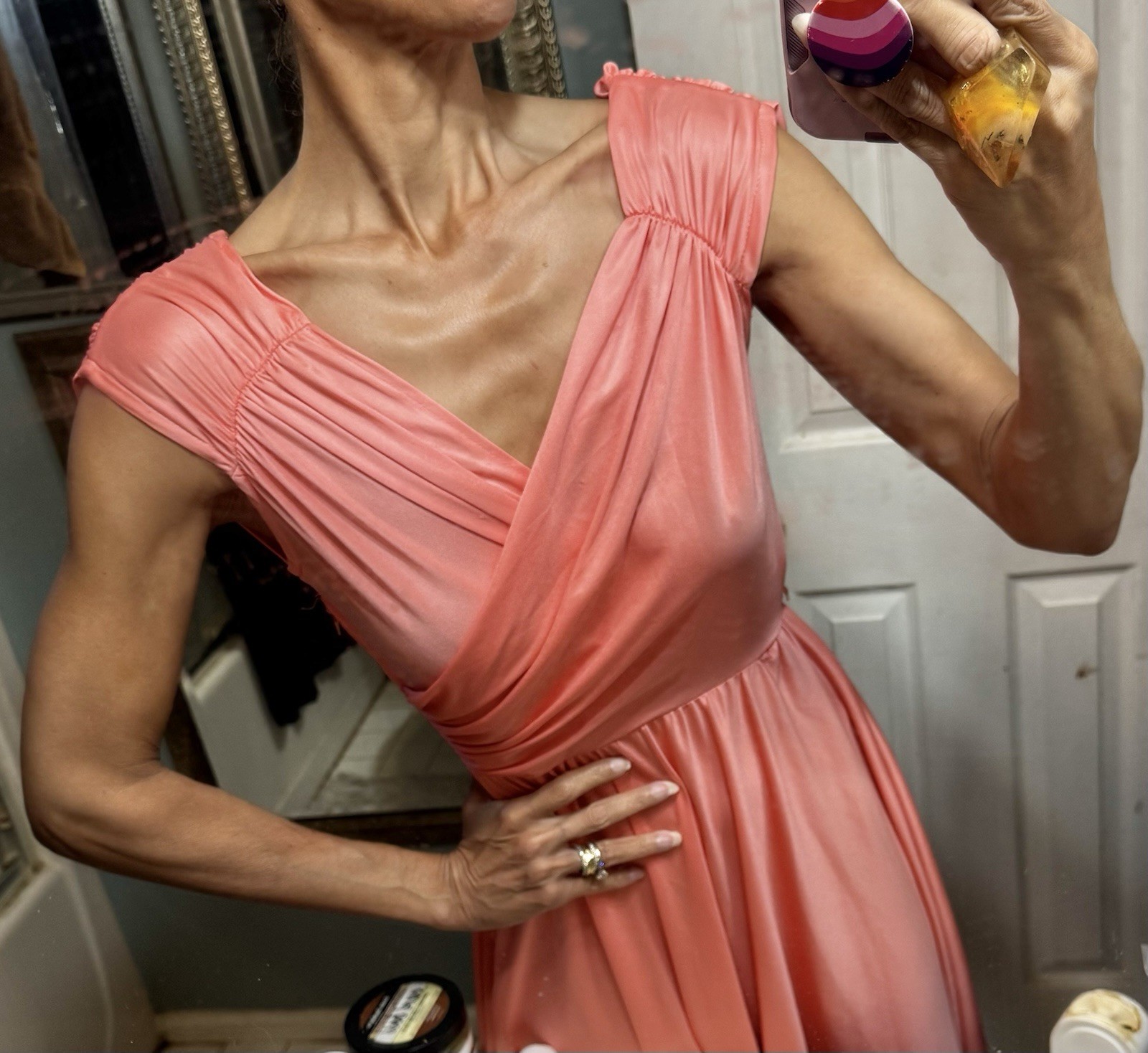Vtg Cowl Draped Peach Polyester Maxi Dress Gown 70s Disco Studio 54 Carrie XS