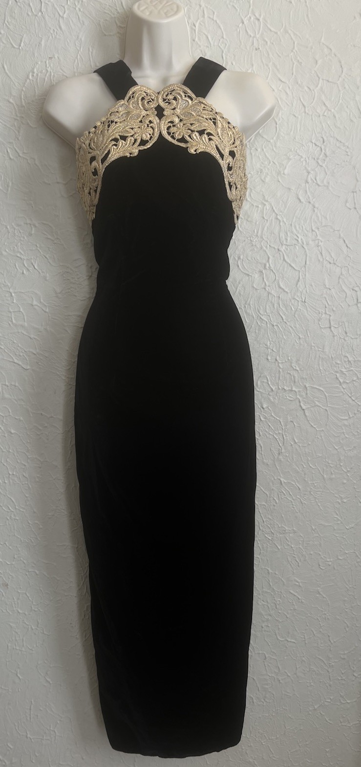 Vintage Y2K Scott McClintock Crushed Velvet Dress Black Halter Gown / Size 4
