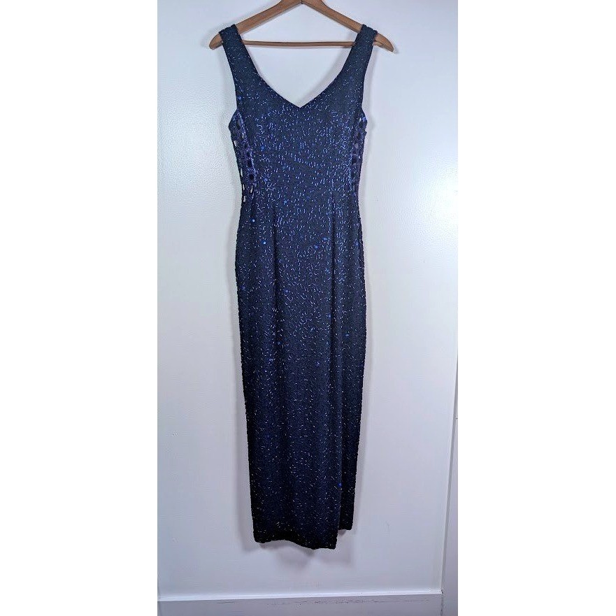 Vintage 90s Beaded Sequin Maxi Silk Gown Size 6 Prom HC Formal Fairy Whimsical