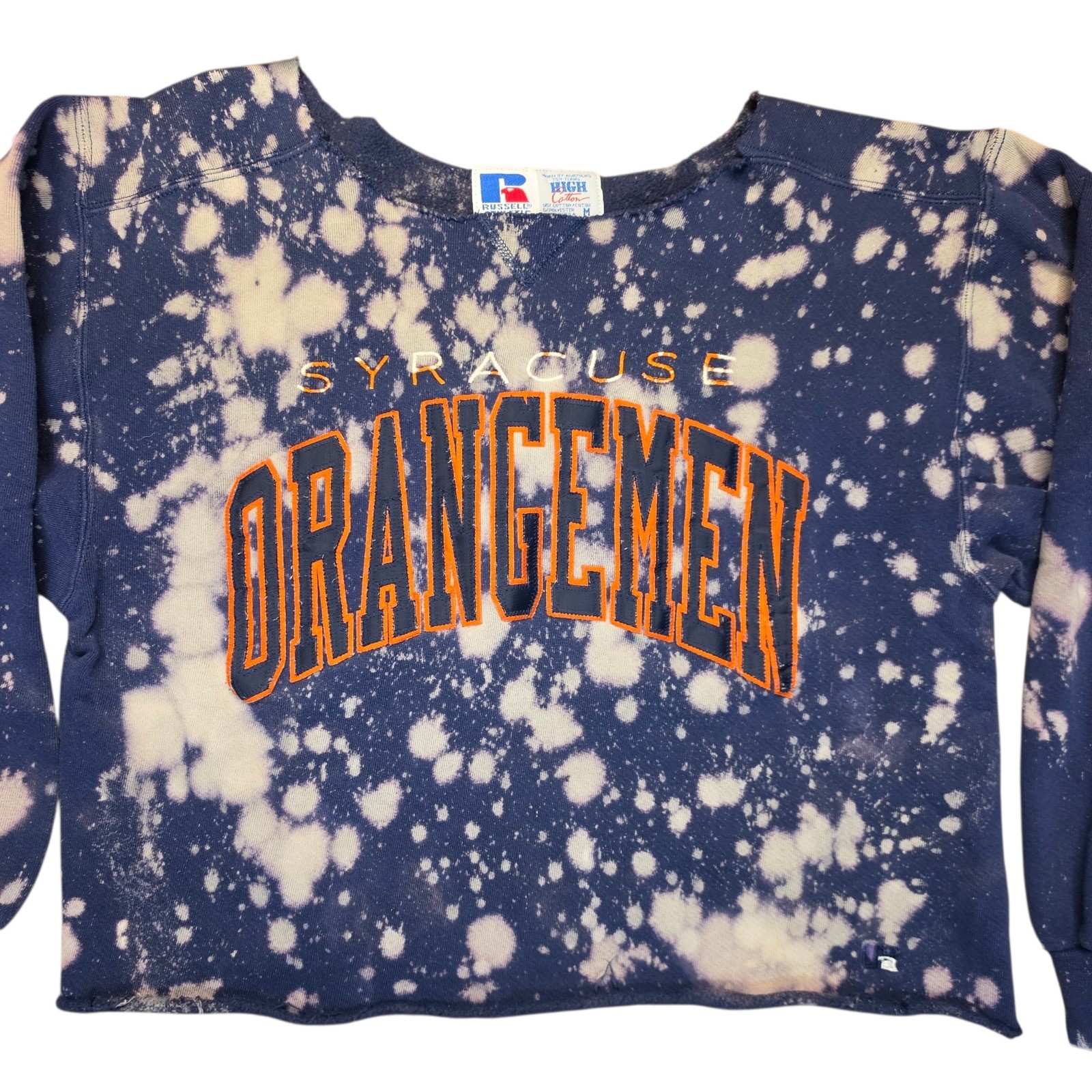 Vtg Russell Athletic Syracuse Orangemen Bleach Dye Cropped Sweatshirt USA M