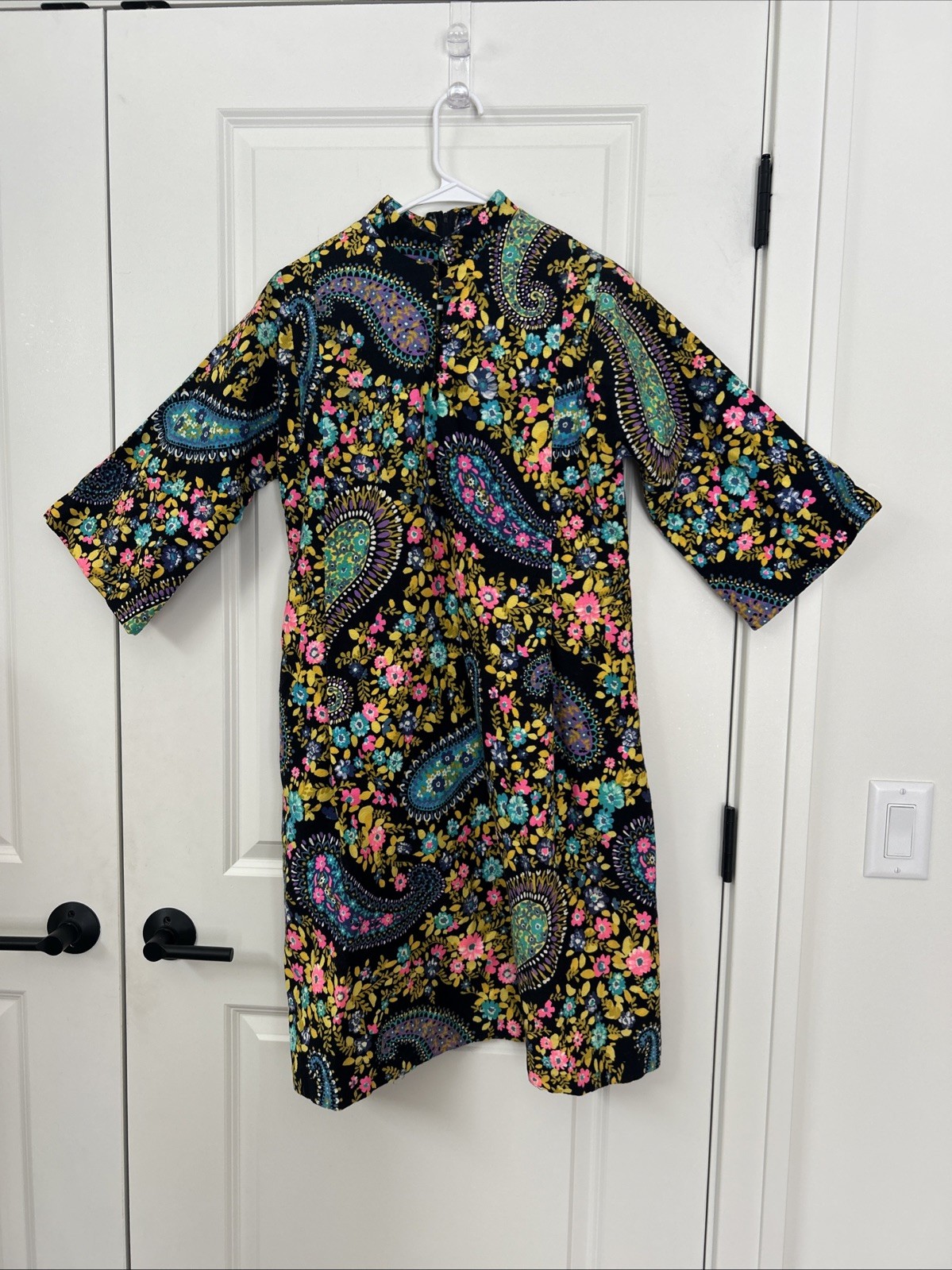 Vintage 60s Alice Of California Mod Barkcloth Bell Sleeve A Line Mandarin Dress