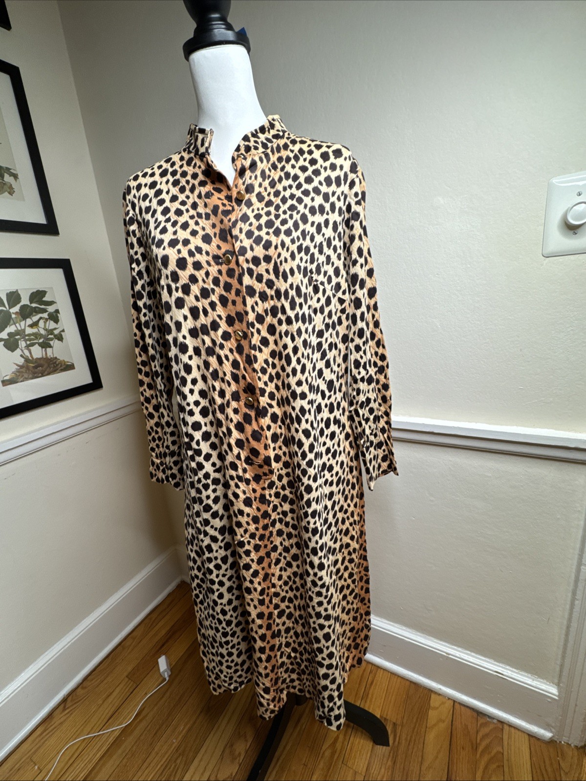 Vintage 1970s Animal Cheetah Print Funnel Collar Fit Flare Day Dress L Mob Wife
