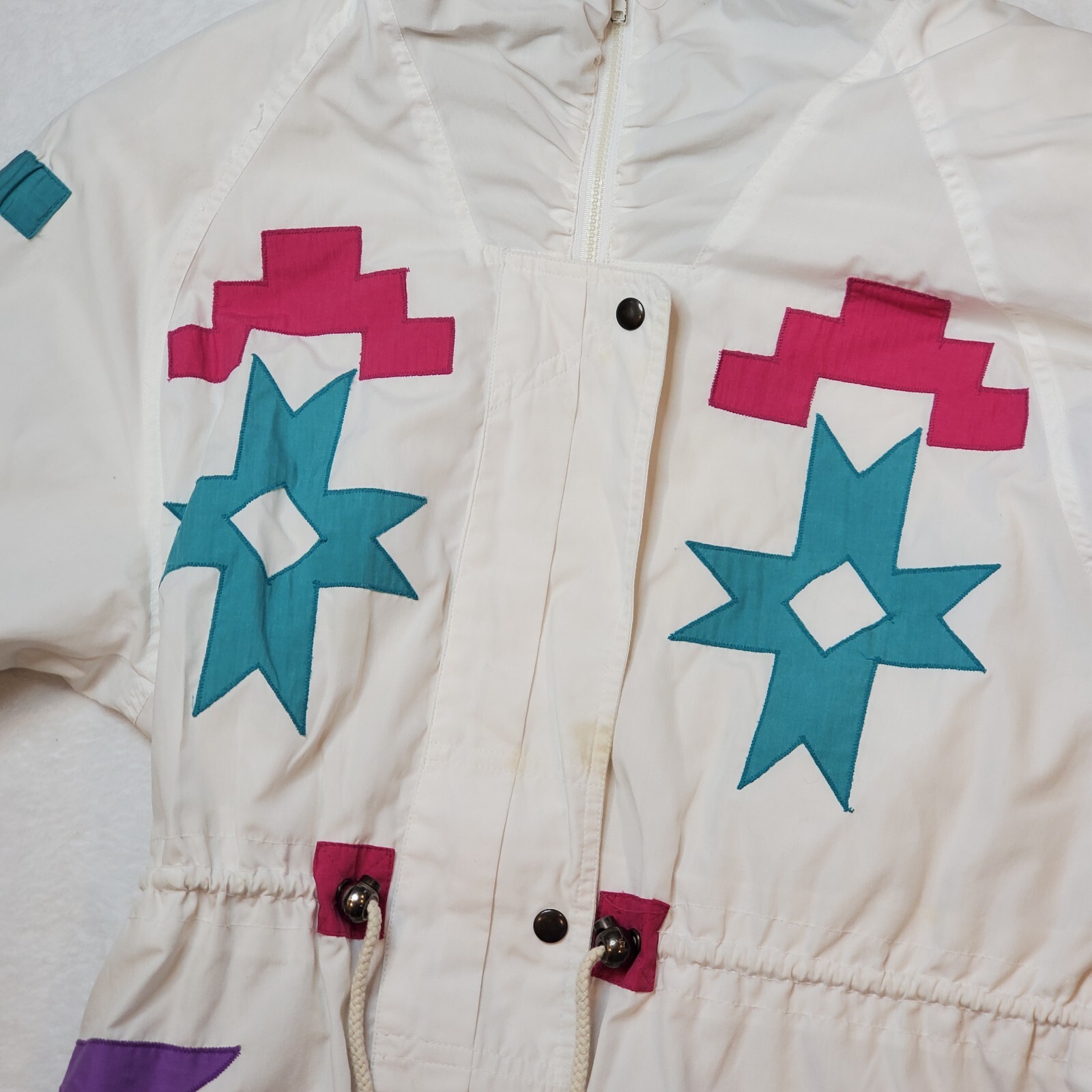 Vintage 90s White Southwest Tribal Aztec Print Hooded Jacket Midweight MD FLAW