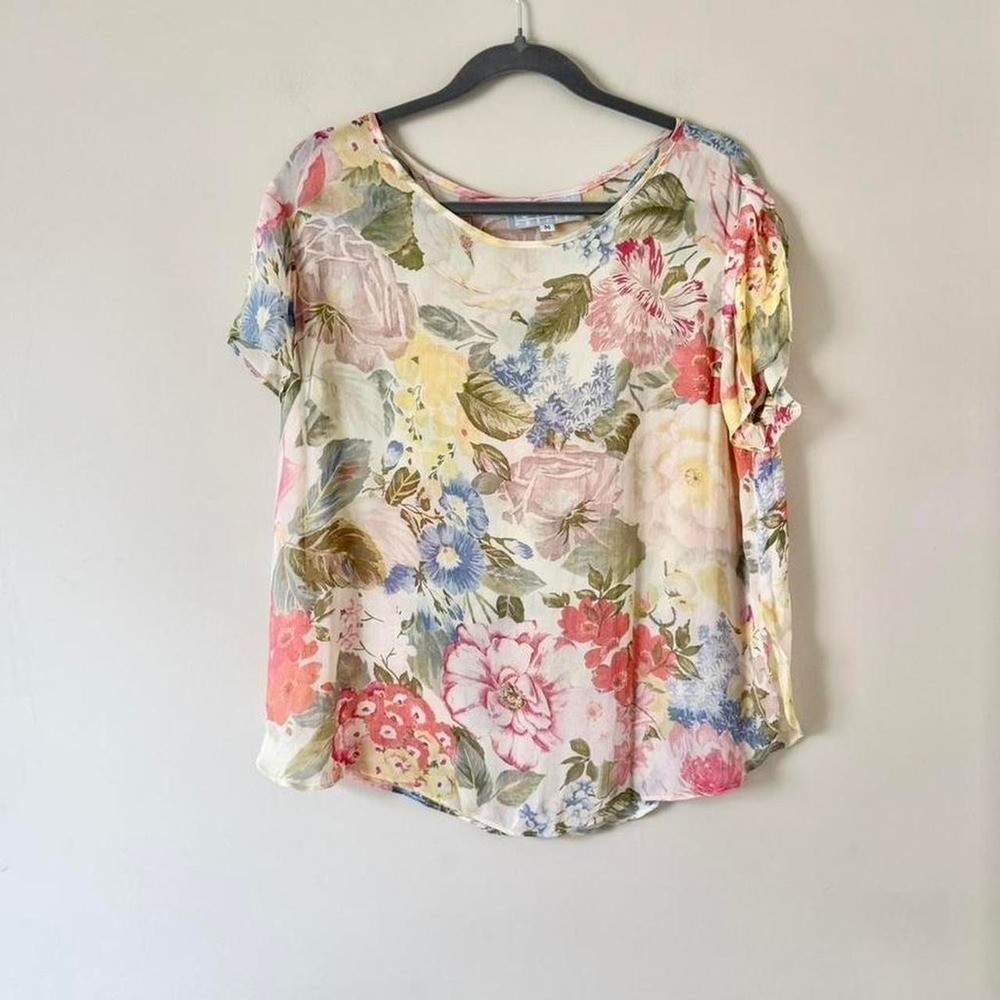 Vintage 80s/90s floral blouse semi sheer blue yellow pink flower rose