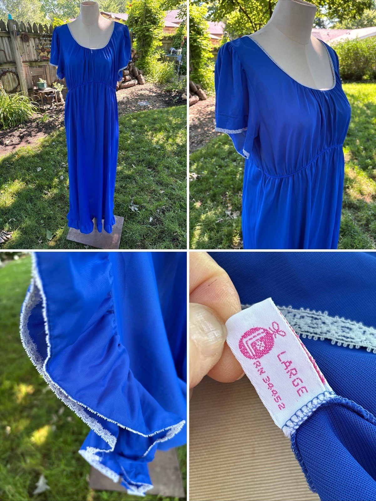 VTG 70s Lorraine Nylon Long Royal Blue Nightgown Women Large Empire Waist B38″
