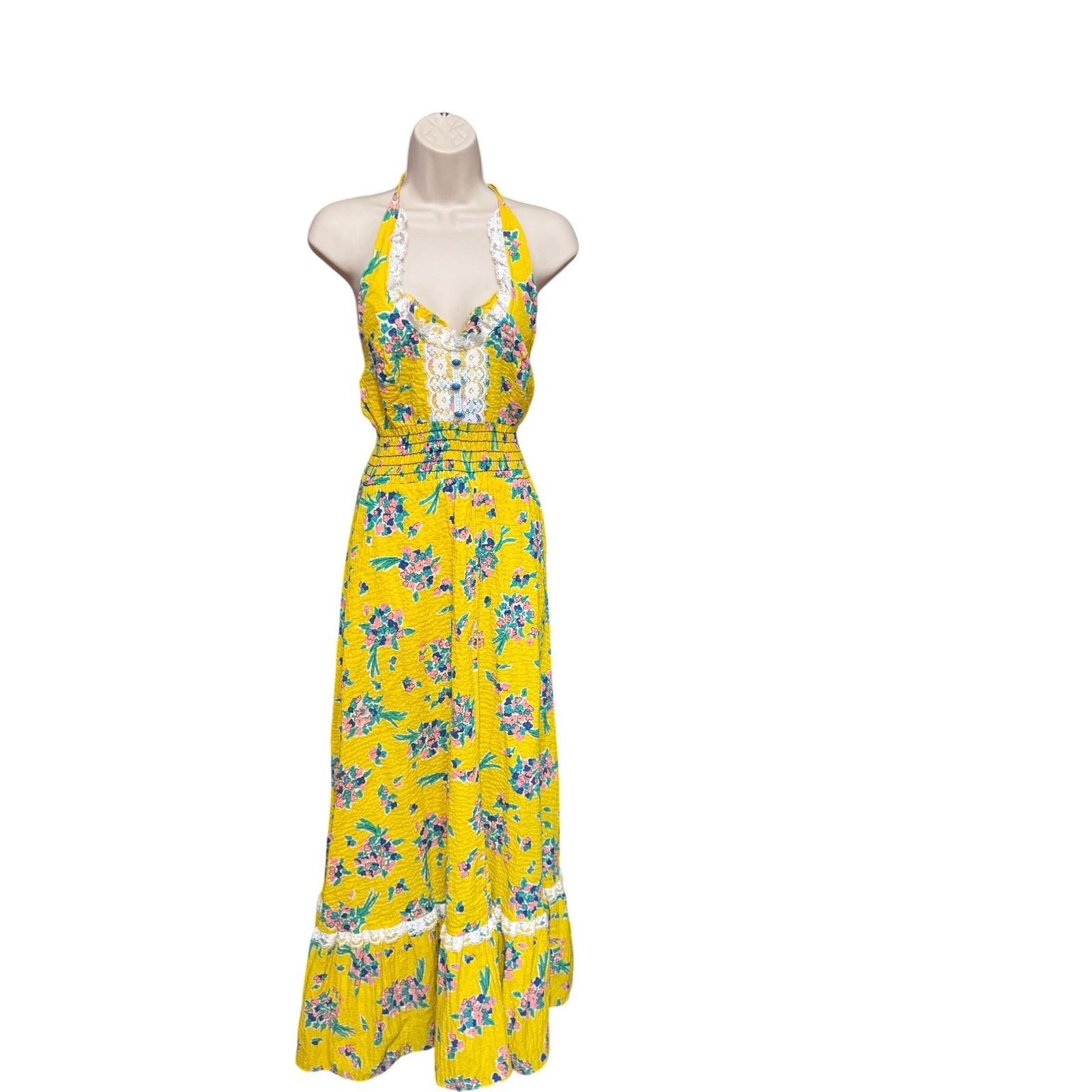 Vintage Maxi Dress Floral Seersucker Lace Halter 7 Yellow Excellent Smocked Boho