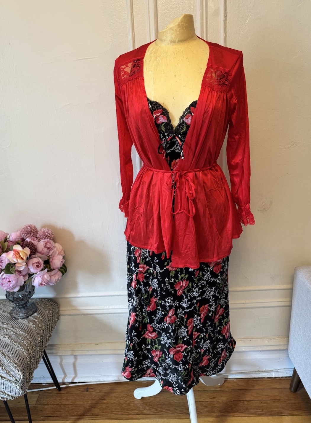 Vintage Josie Floral Black Red Slip with Shirley of Hollywood Lace Nightgown Set