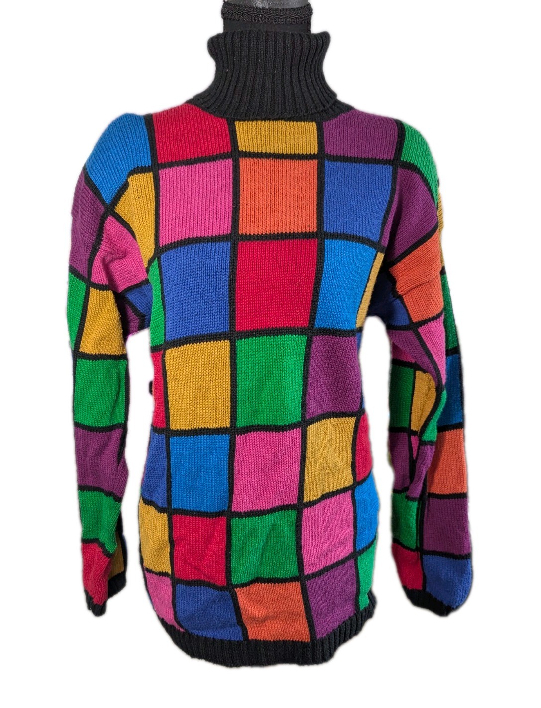 VTG 90s Rafaella Multicolored Squares Turtleneck Oversized Sweater Size Medium