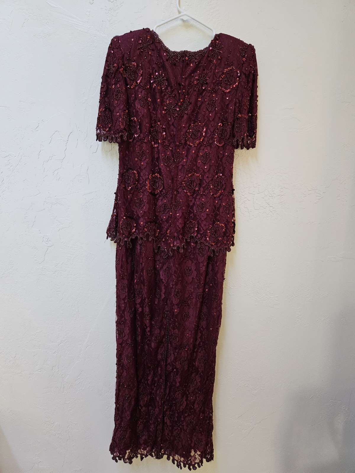 Vintage SCALA Sequin Beaded Formal Dress Maroon Lace Sleeve Evening Gown Wedding