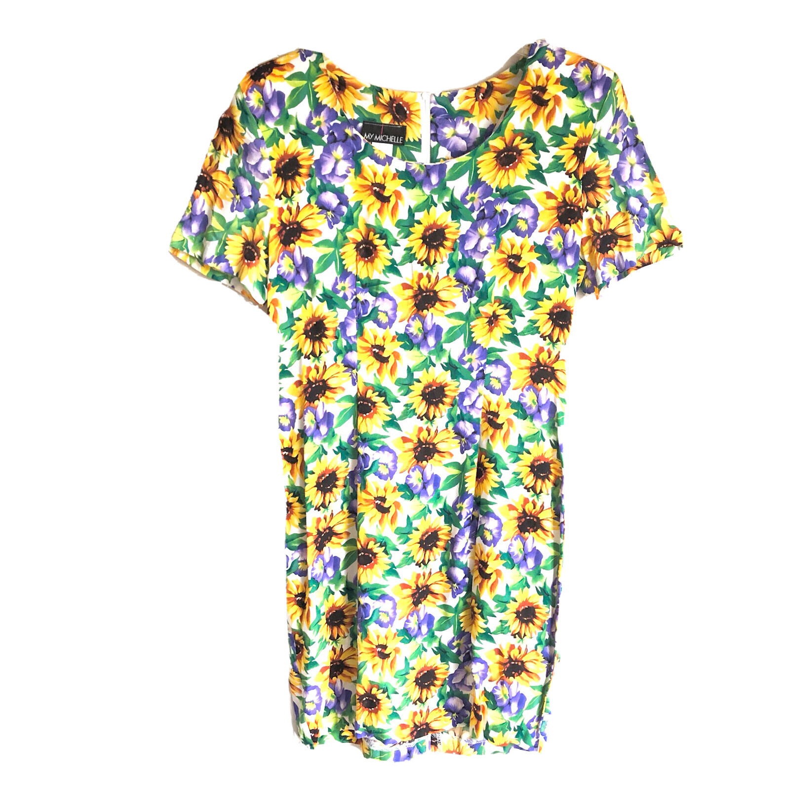 Vintage 90s My Michelle Sz 10 Floral Yellow Short Sleeves Dress Daisies