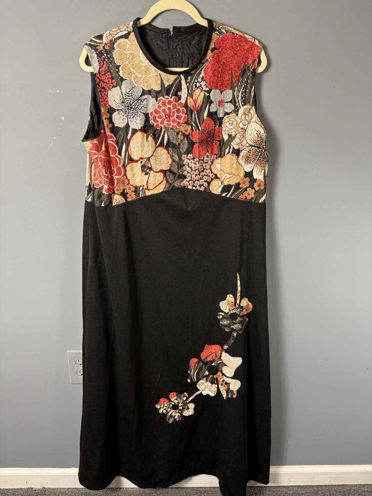 Vintage 70s Womens Plus Size 1X? Black Floral Metallic Maxi Hostess Dress