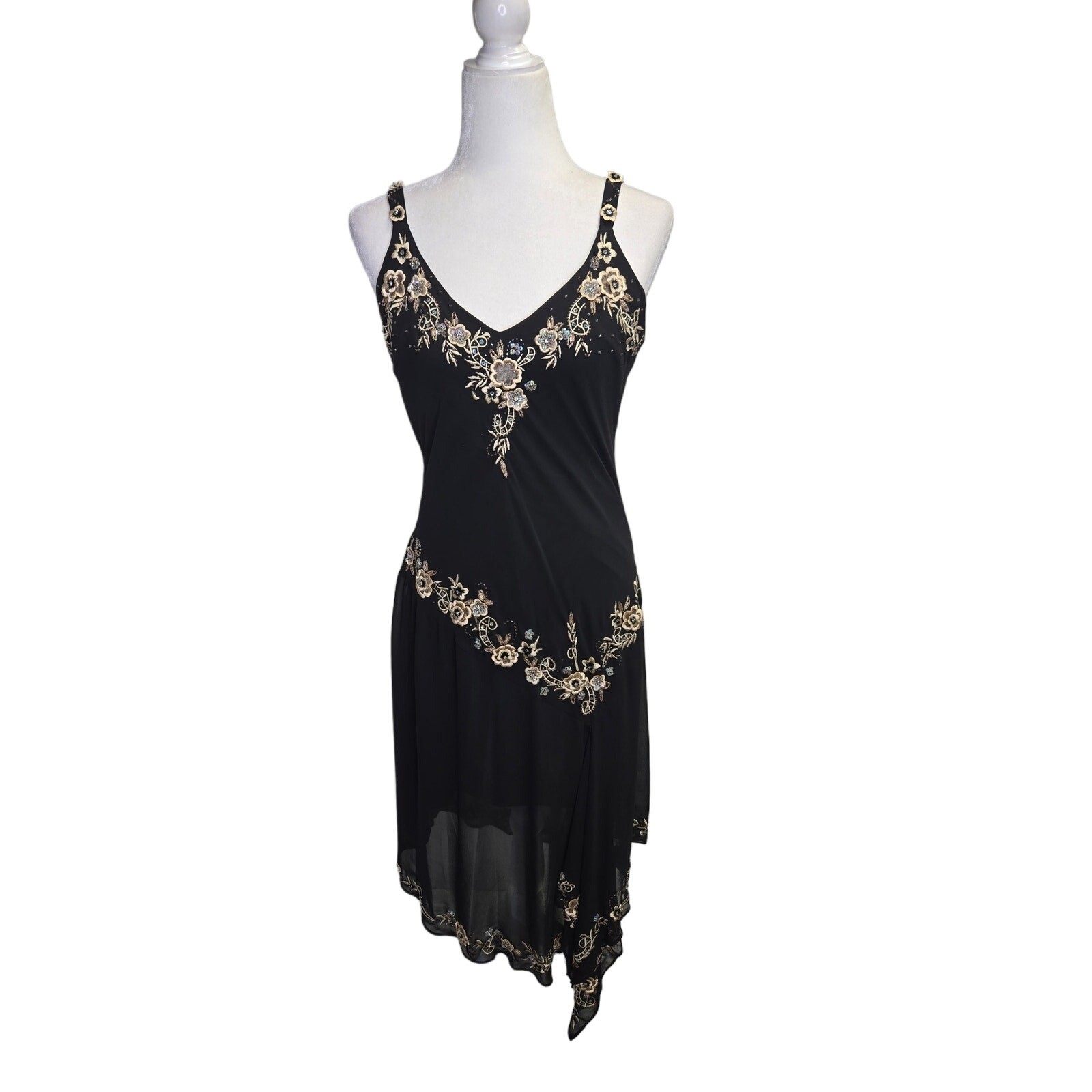 90’s Y2K Vintage Black Midi Embroidered 3D floral Whimsey Goth fairy Vampy Dress