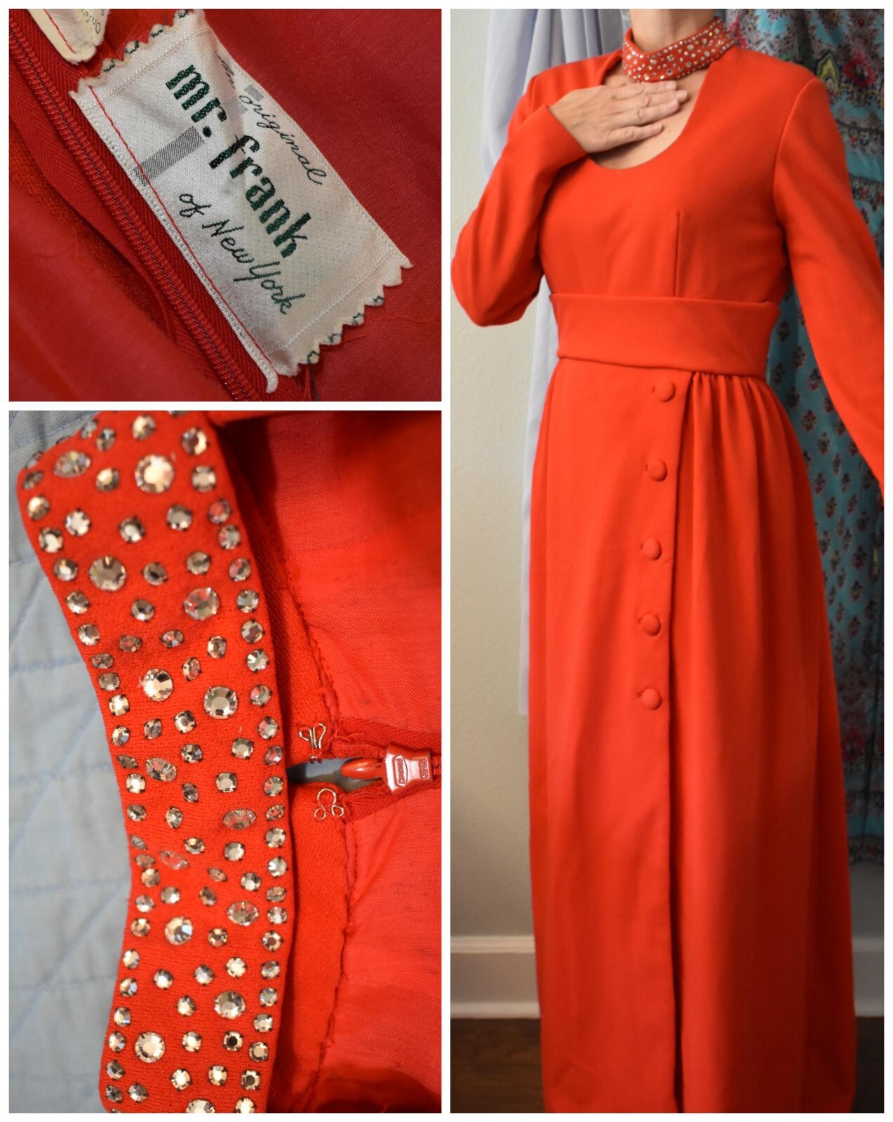 Mr. Frank NY Original 1960s Red Polyester Maxi Dress, Rhinestone Studded Neck