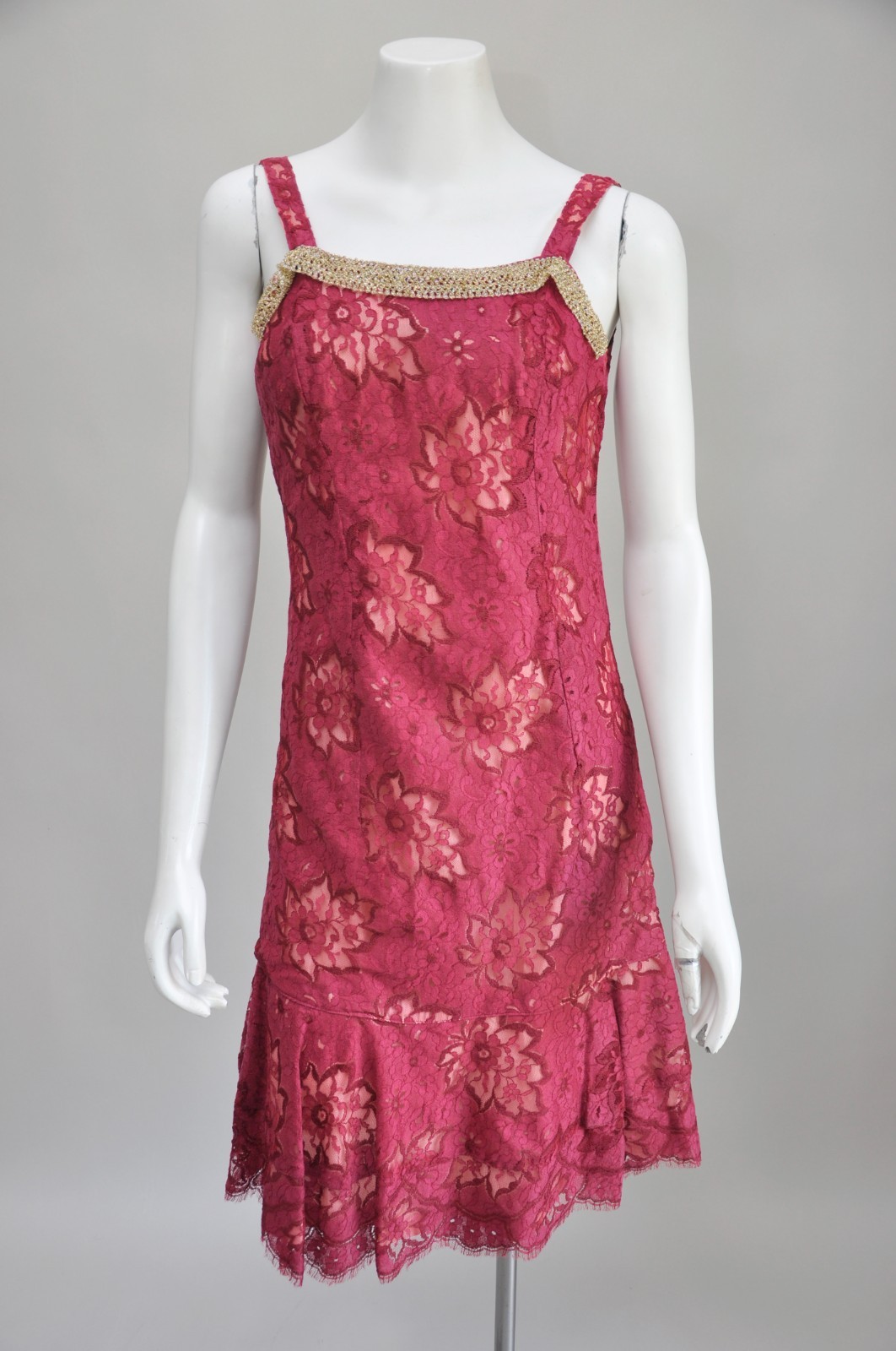 Vintage 1960s Raspberry Preppy Lace Party Dress w/ Matching Top Wedding Summer S
