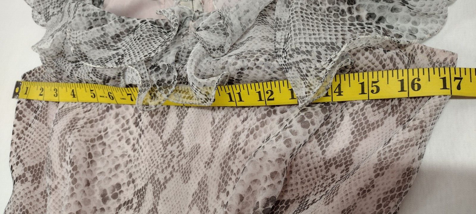Gray Snakeskin Chiffon Dress Ruffles Flamboyant Dolly Busty Size S/M 1980s