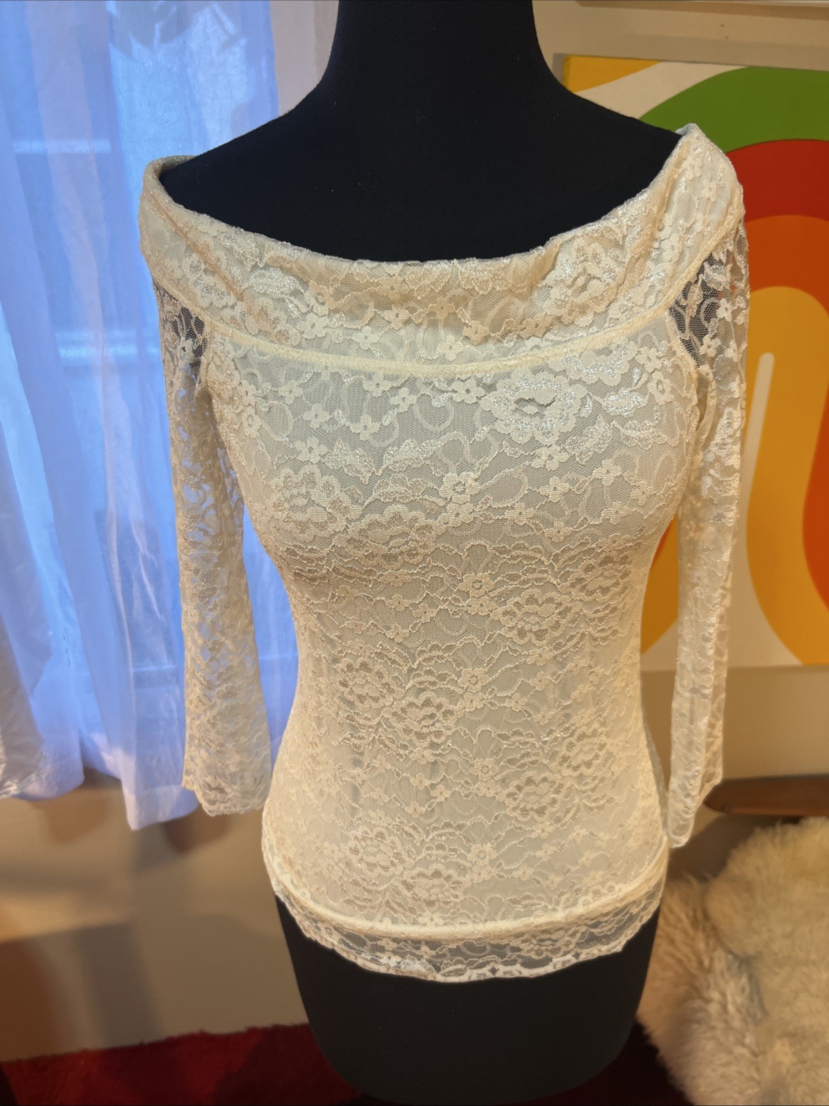 Vtg 90’s Moda International Ivory floral lace Off Shoulder Top Small USA