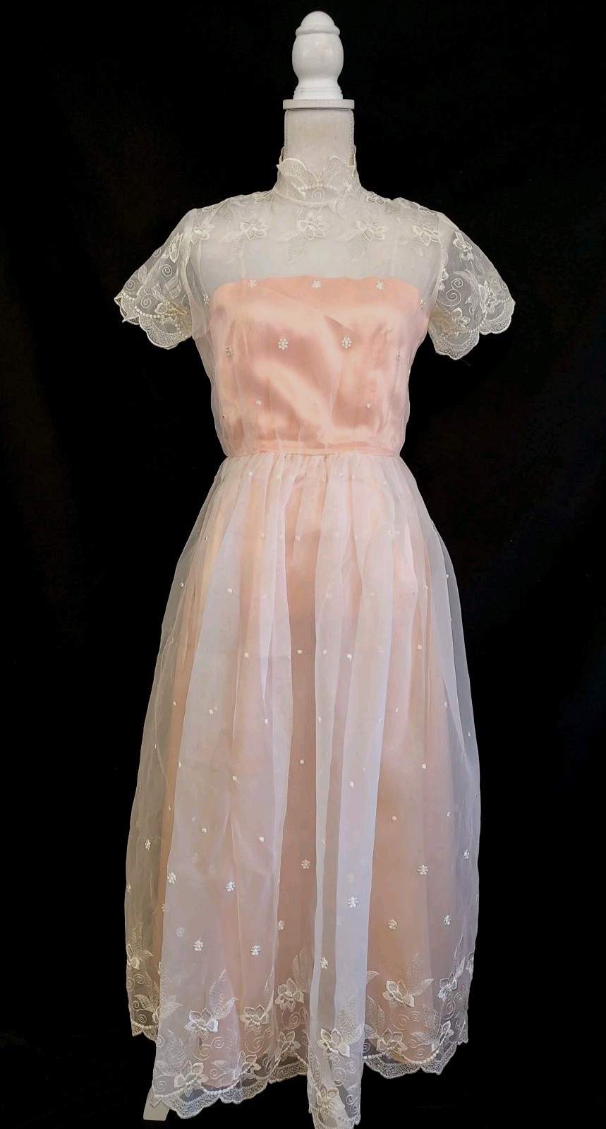 Vintage 80’s does 50’s Dress Peach Satin & White Lace Party Prom Formal Midi S
