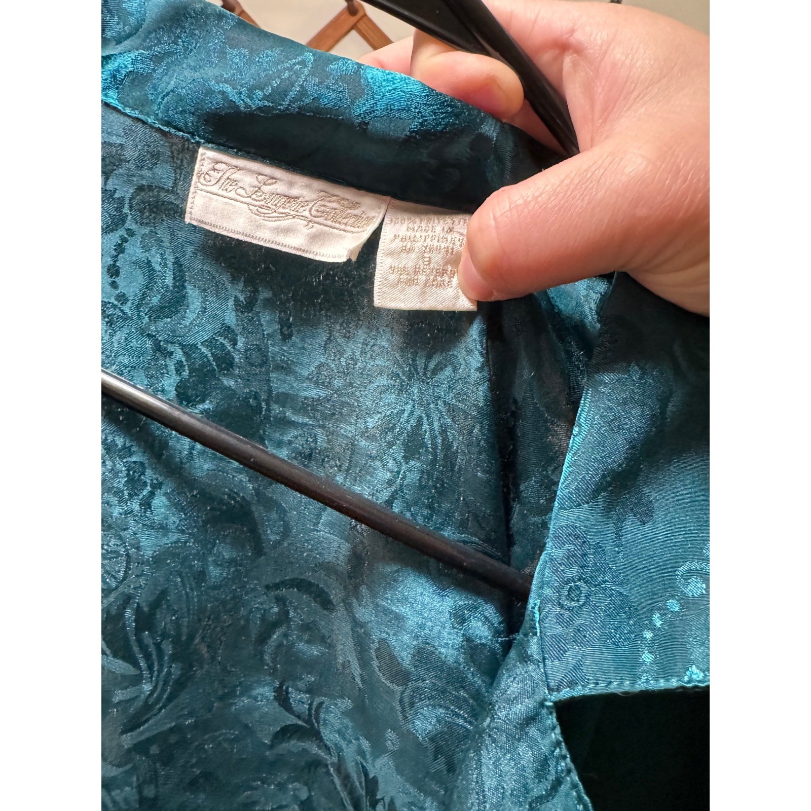 Vintage The Lingerie Collection Teal Blue Satin Jacquard Nightshirt Sleep Top M