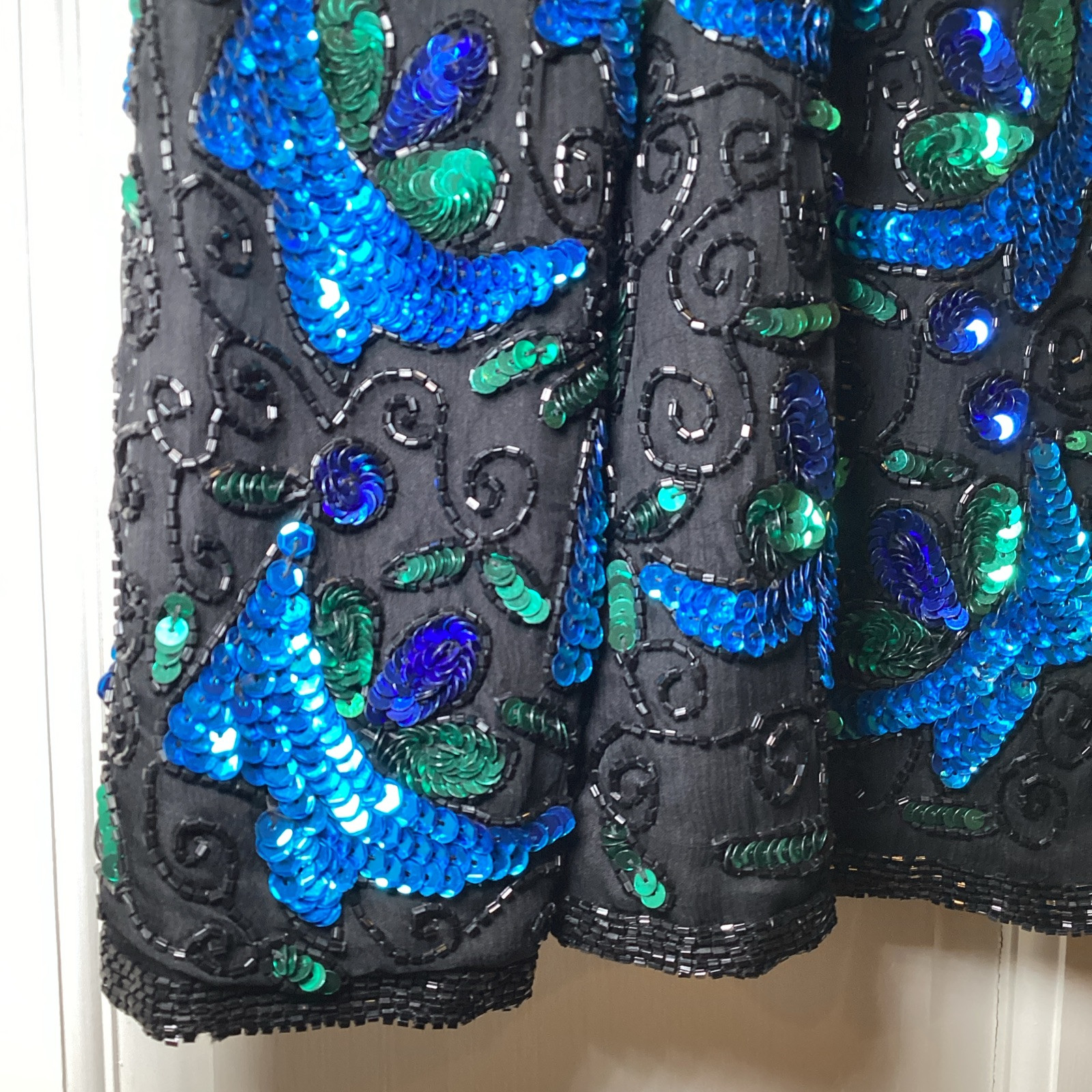 Laurence Kazar Vintage Beaded Sequin Jacket Top Medium Evening Silk Peacock Blue