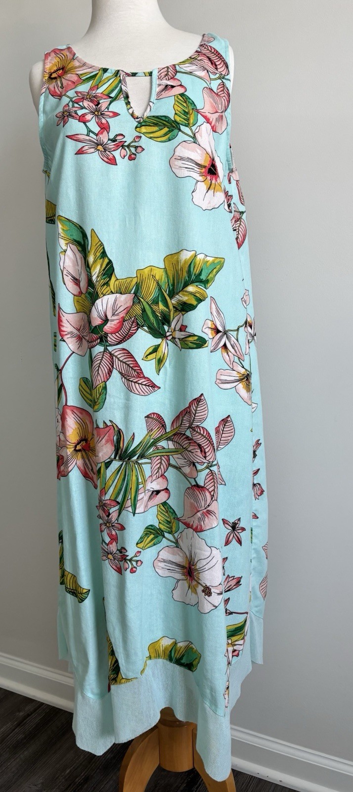 For Cynthia Sleeveless dress light blue with tropical floral. print