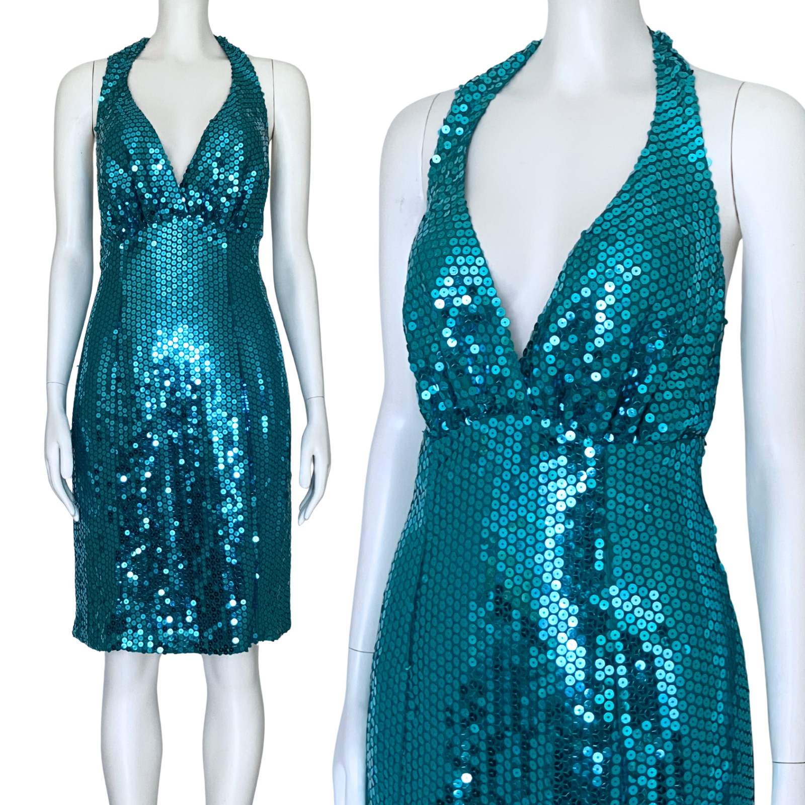 Vintage 80s 90s Teal Sequin Halter Cocktail Dress. XS/S 7/8. Retro Glam Party