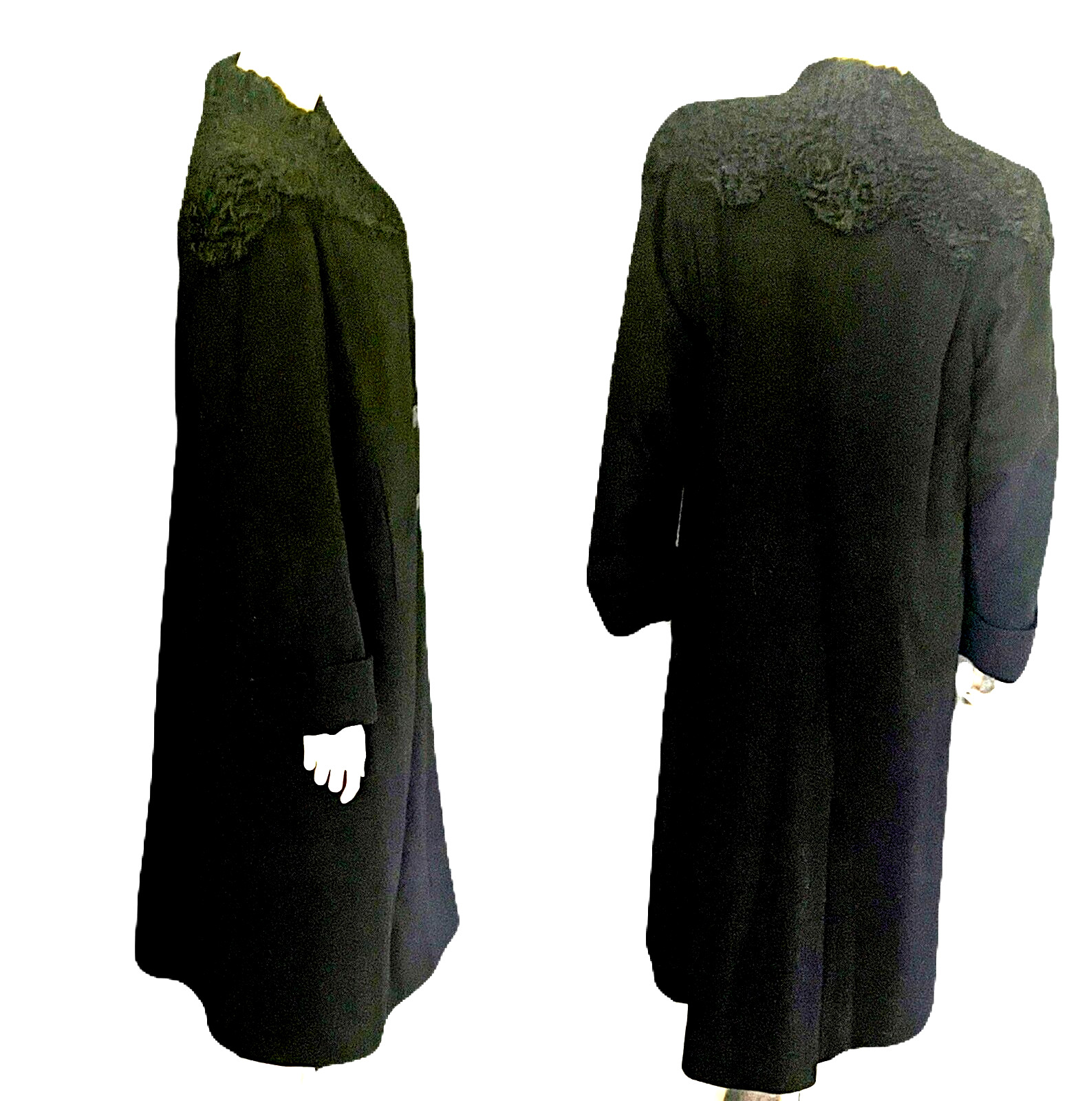 Late 1940s Inky Black Wool Coat, Fabulous Persian Lamb Collar, Excellent, L -XL