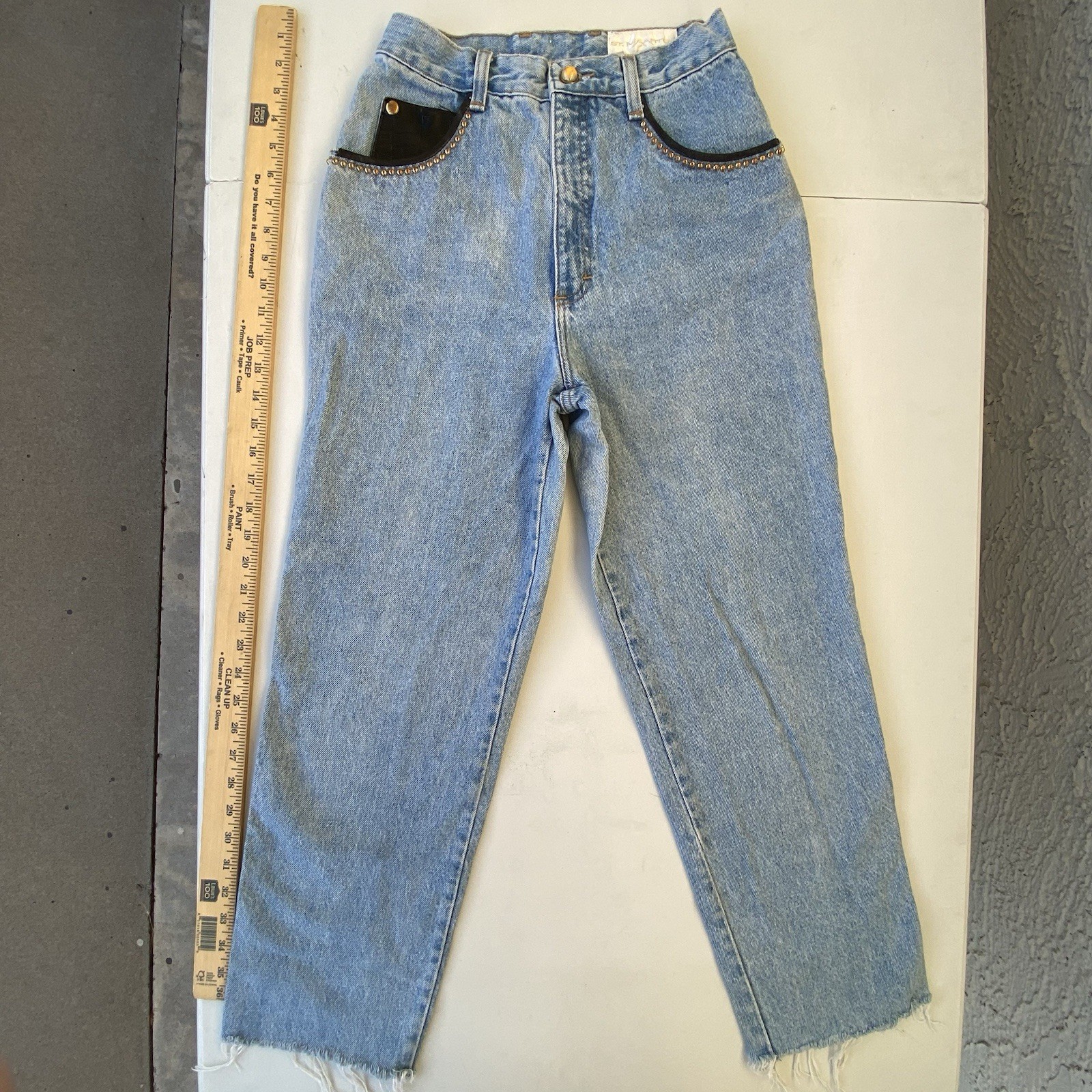 St. Maarten Dallas Black Leather & Jean Studded Western Pants Vintage Size 6 28
