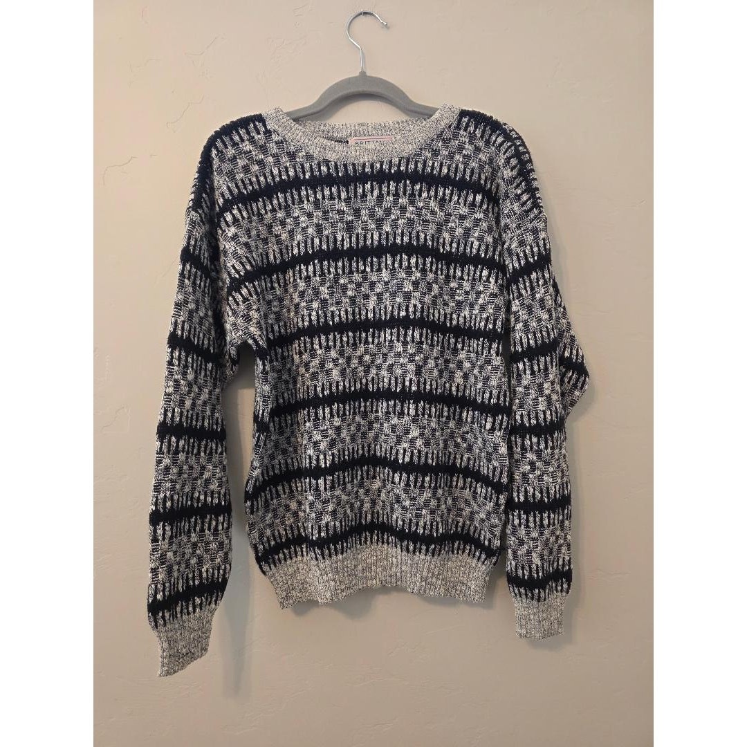 Vintage Brittany Bay Black White Knit Sweater Oversized Cozy Grunge Size M