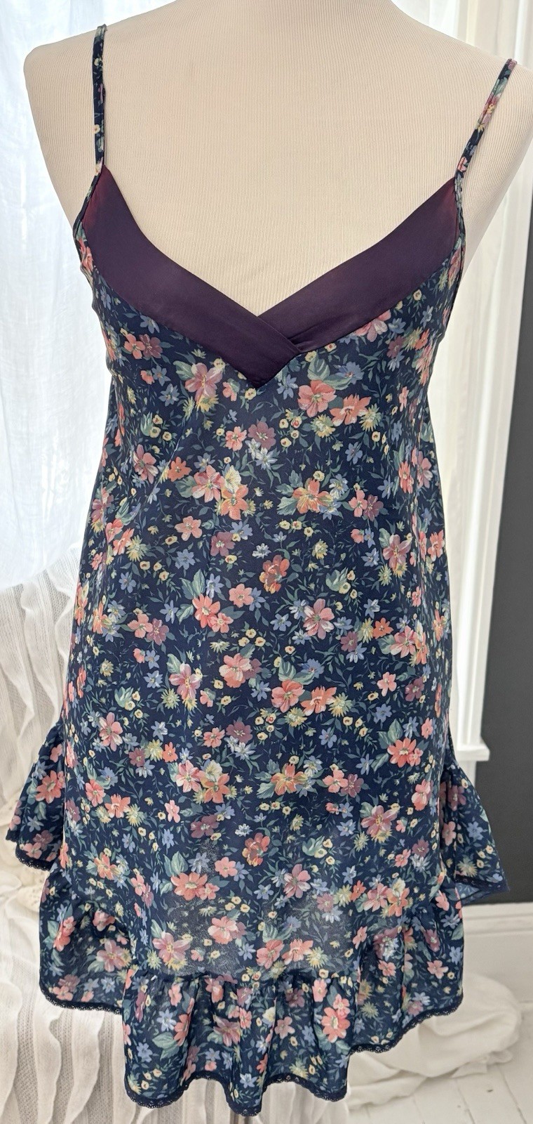 Vintage 90s Slip Dress Petra Fashions Blue Floral Ruffled Peplum Hem Sz S Glam