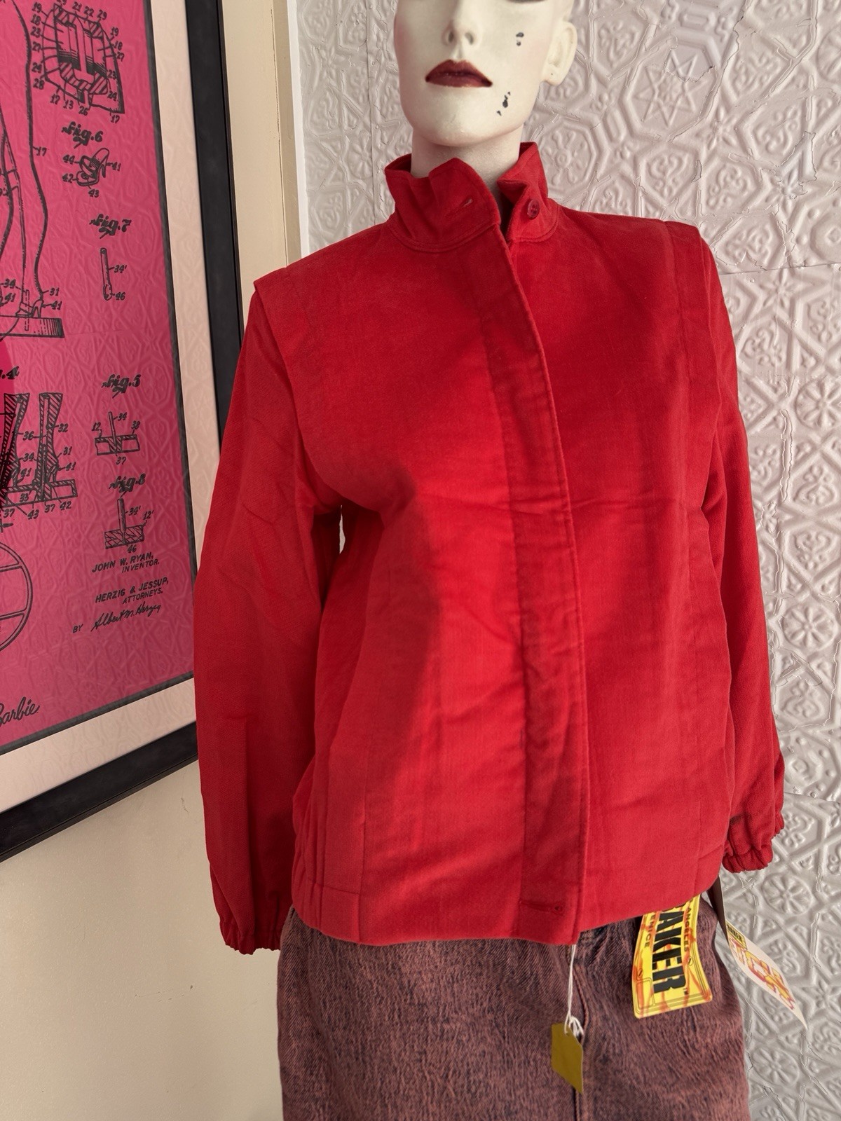Vintage 1980s Velvet Jacket-Deadstock-Red-Velour-Varsity-Zip Up-Essential-Small