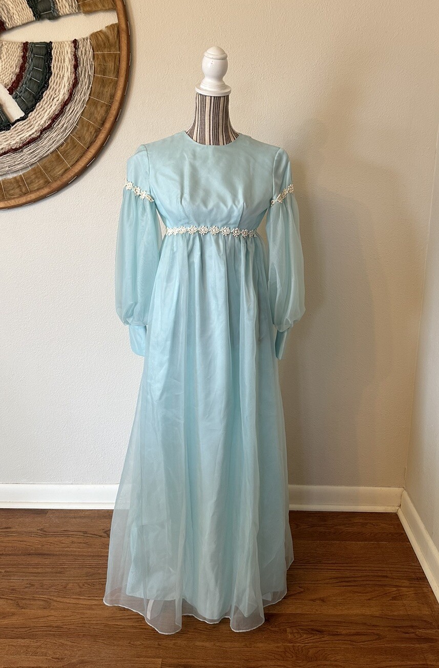 Vintage Lorrie Deb Dress 1960s Edwardian Maxi Puff Sleeve Woman’s Small