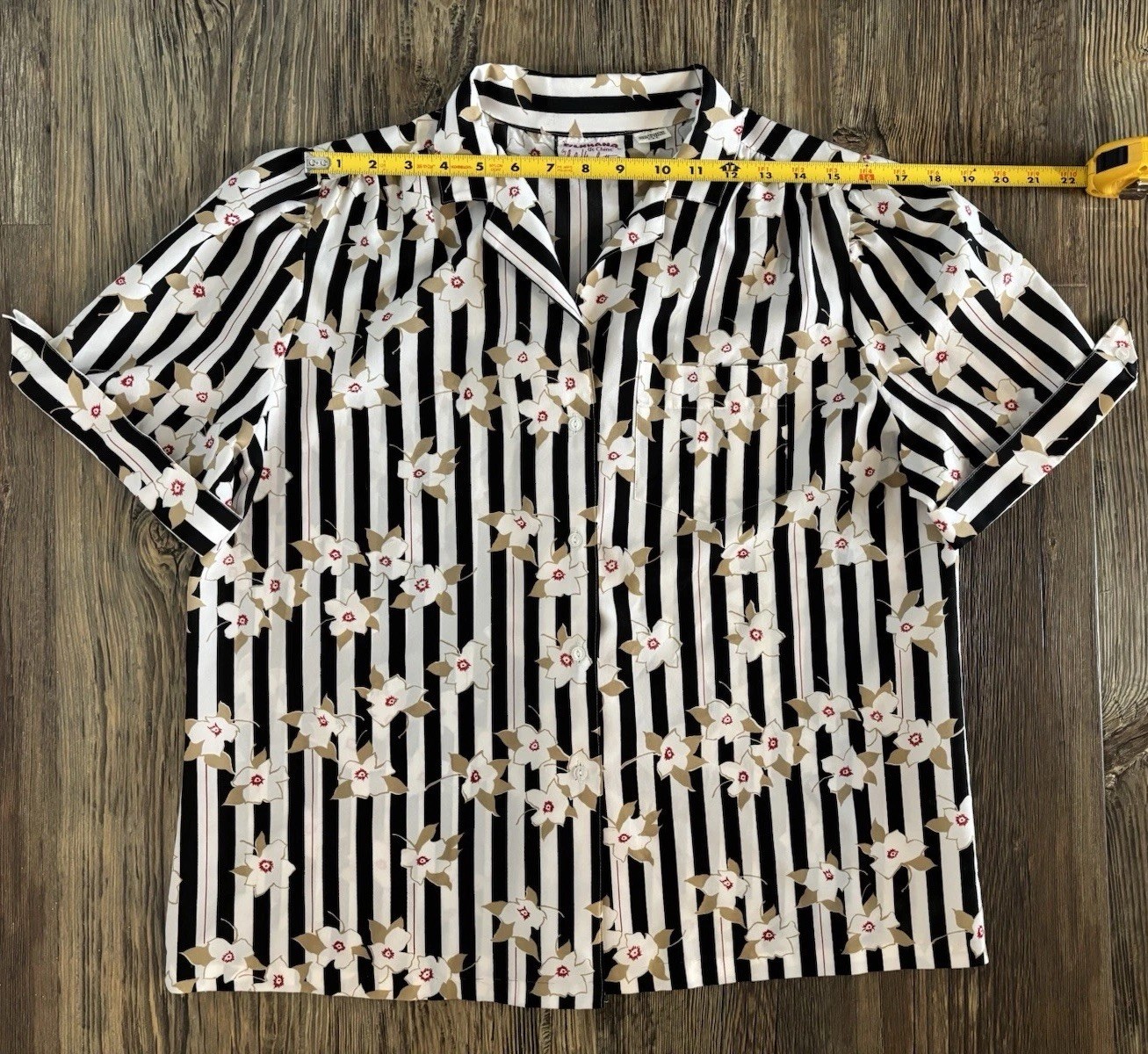 Vtg Silkhana By Lady Manhattan Blouse Womens 36 Blk Wht Stripe Floral Rockabilly