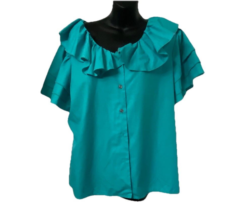 Vintage 70s Sunny South Women’s – 20 Turquoise Shirt USA Ruffled Whimsy Coastal