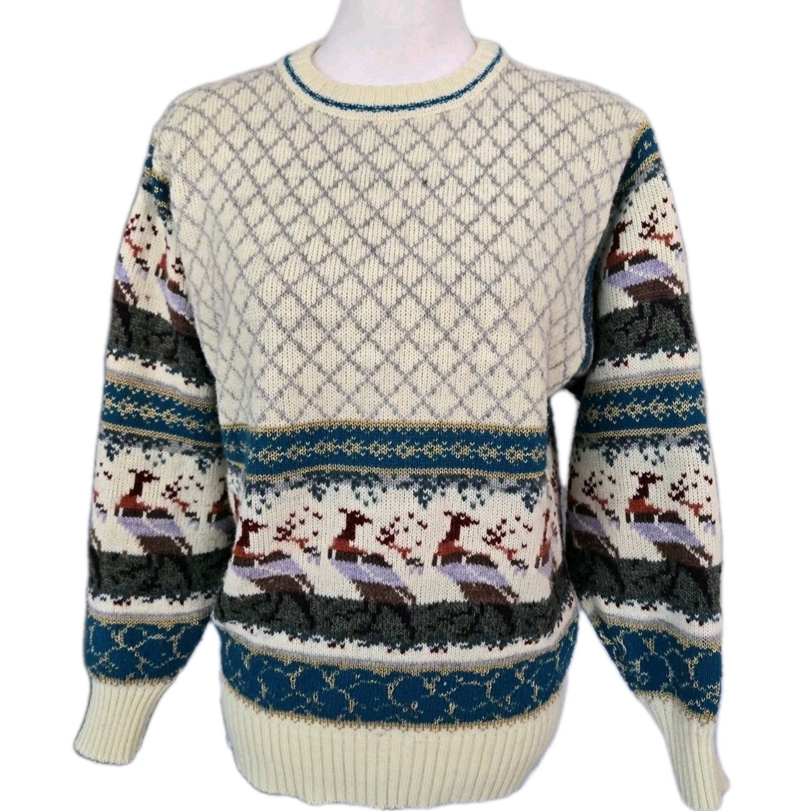 Vtg 80s Wool Blend Diamond Pattern Guinea Foul Long Sleeve Sweater Unisex Sz M