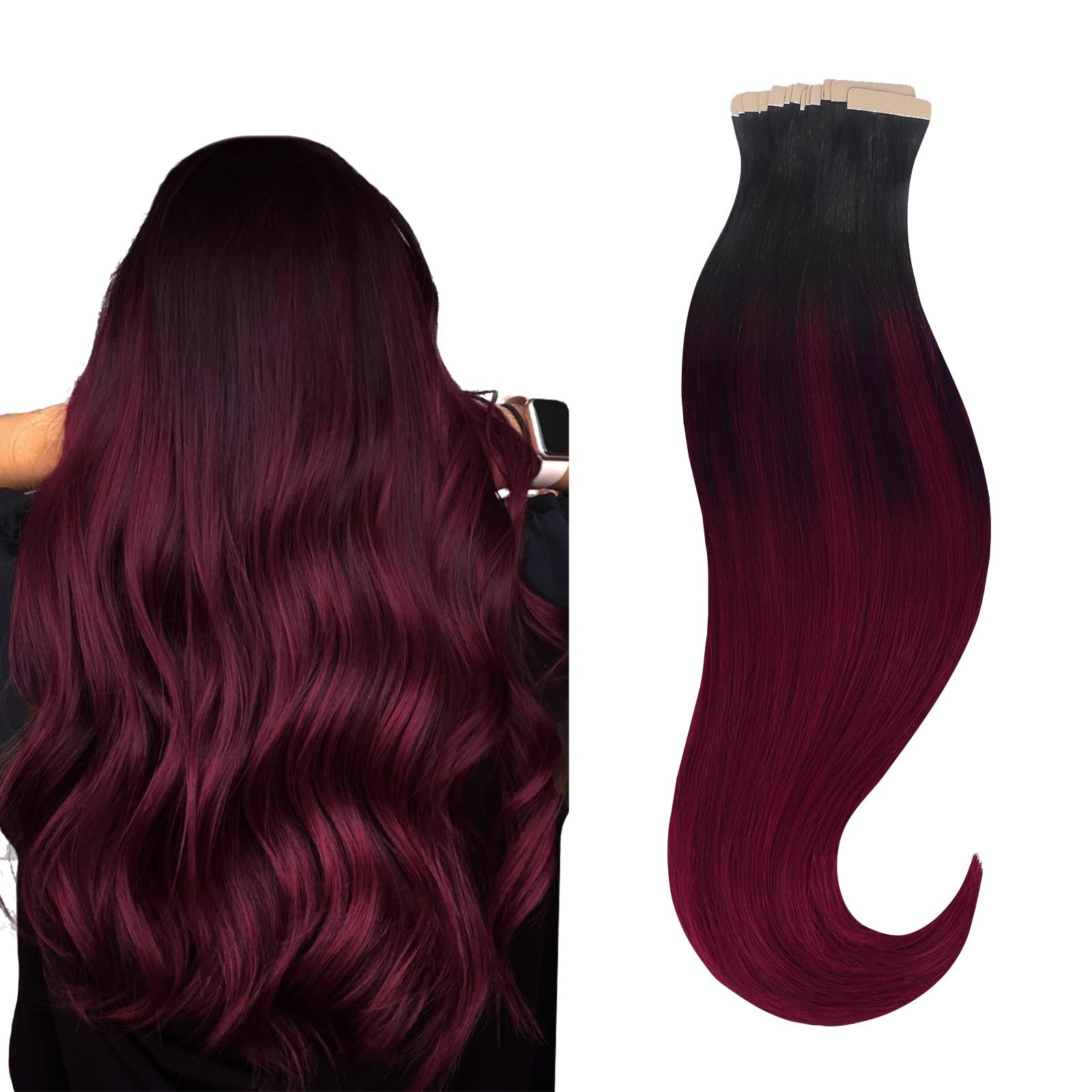 HOTBANANA 18″ Tape-In Human Hair Extensions 20pcs Jet Black Burgundy