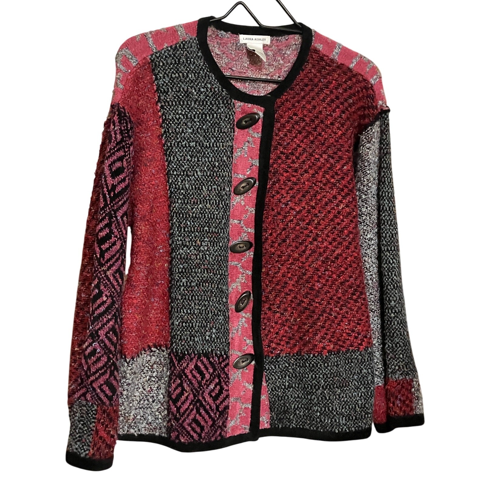 VTG 90s Y2K EUC Laura Ashley Cardigan M Patchwork Exposed Stitch Marled Fleece