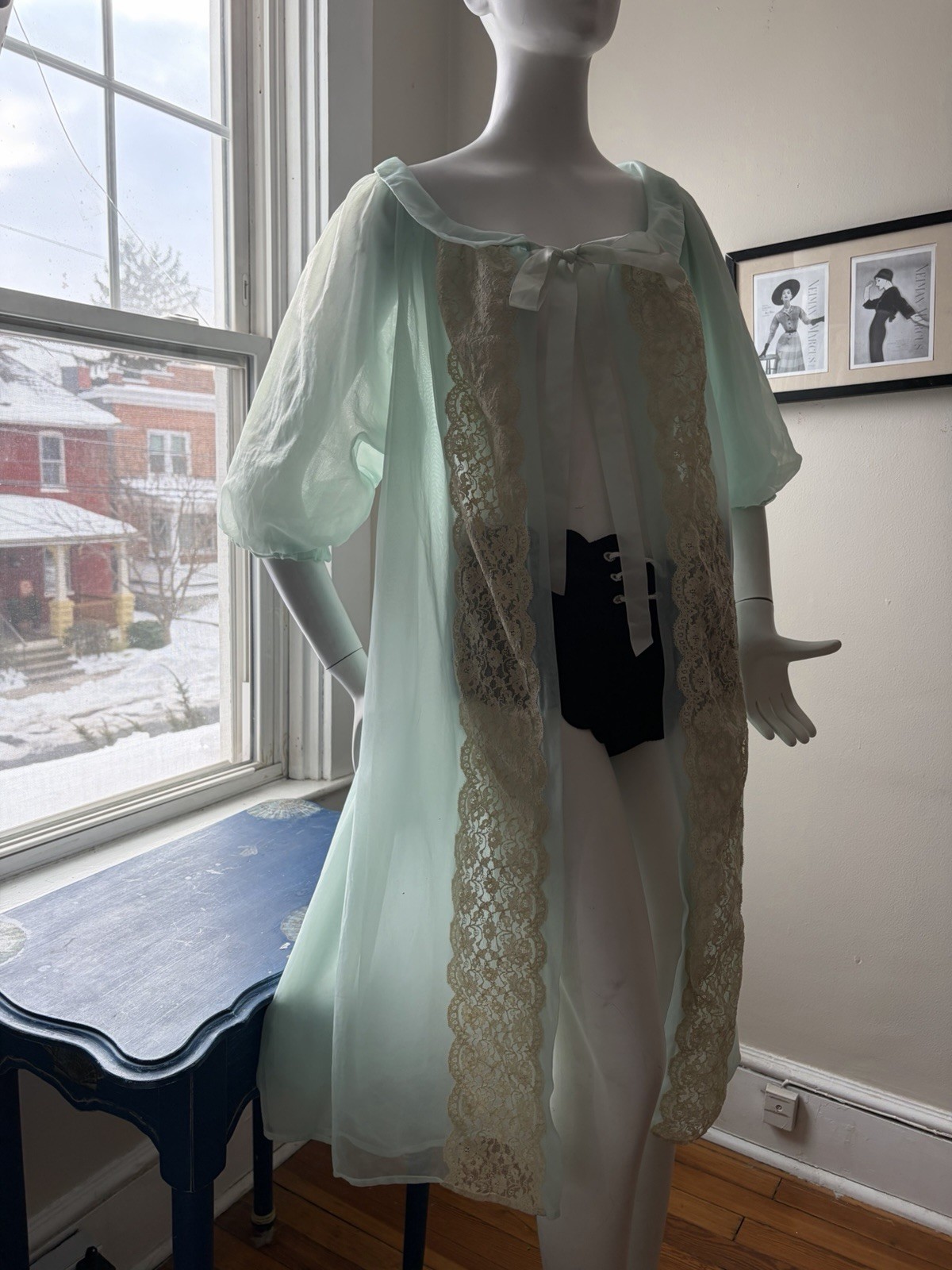 Vtg Hollywood Designer Sheer Chiffon Peignoir Robe Shorti Nightgown Set L X