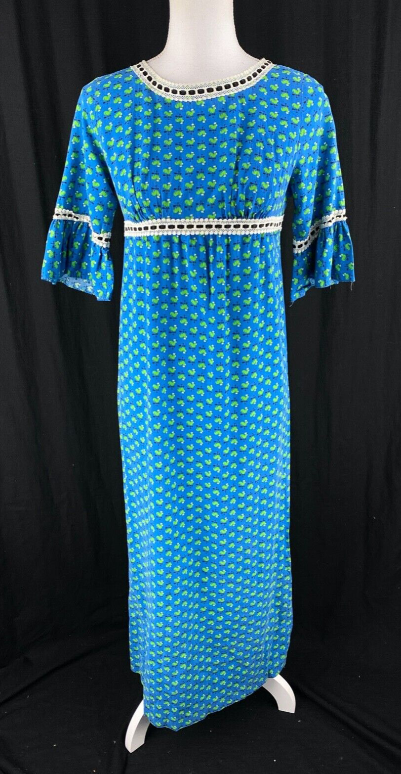 60s 70s Vtg Rooster Bird AOP Lace Trim Midi Cottagecore Prairie Dress Size Small
