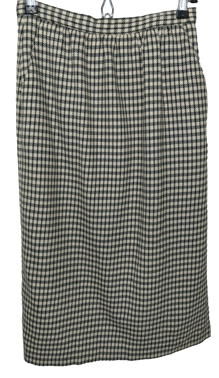 Wool Skirt Vintage Check Plaid Below Knee Black White Modest Work Vtg Pockets 6