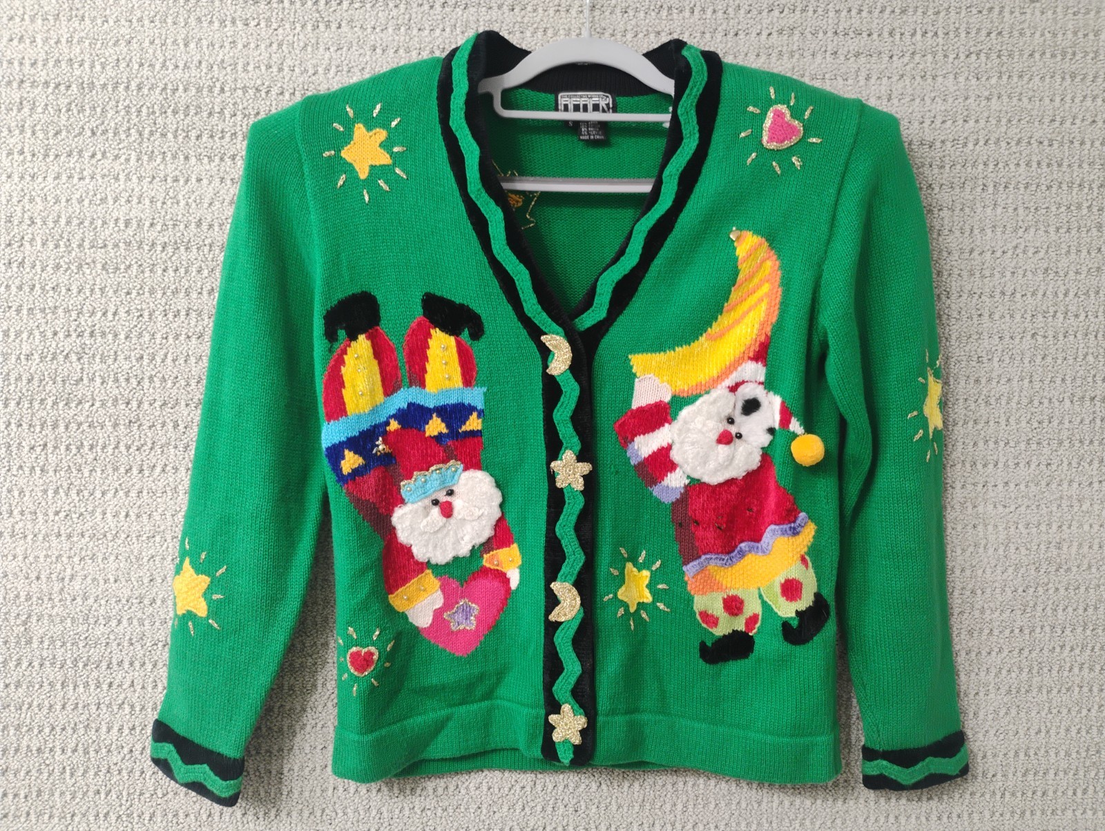 Vintage Berek Green Elf Santa Embelished Ugly Christmas Cardigan Small