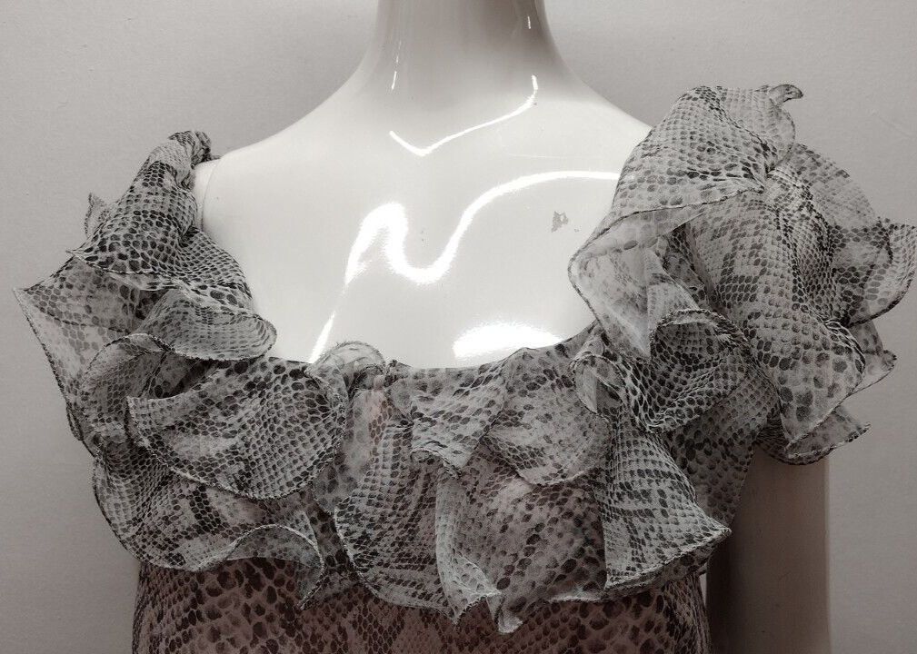 Gray Snakeskin Chiffon Dress Ruffles Flamboyant Dolly Busty Size S/M 1980s