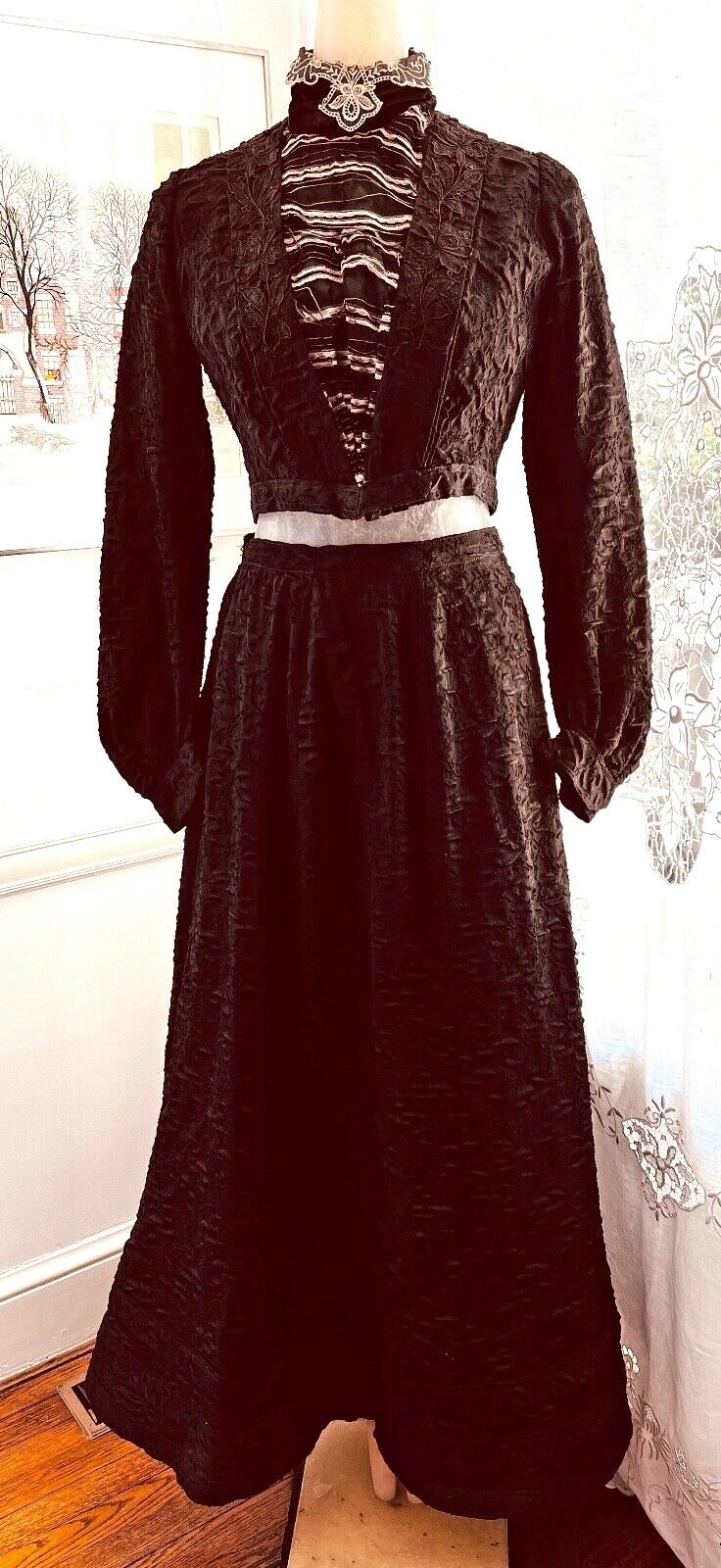 Antique Victorian Black Silk Brocatelle Walking Morning Suit C. 1870 ZZ062