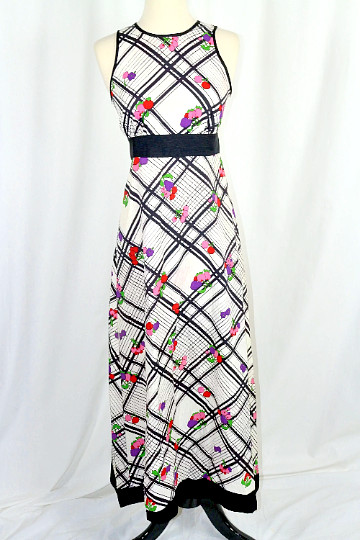 Vintage 60s Cherry Black & White Fruit Print Maxi Dress w/Keyhole Back