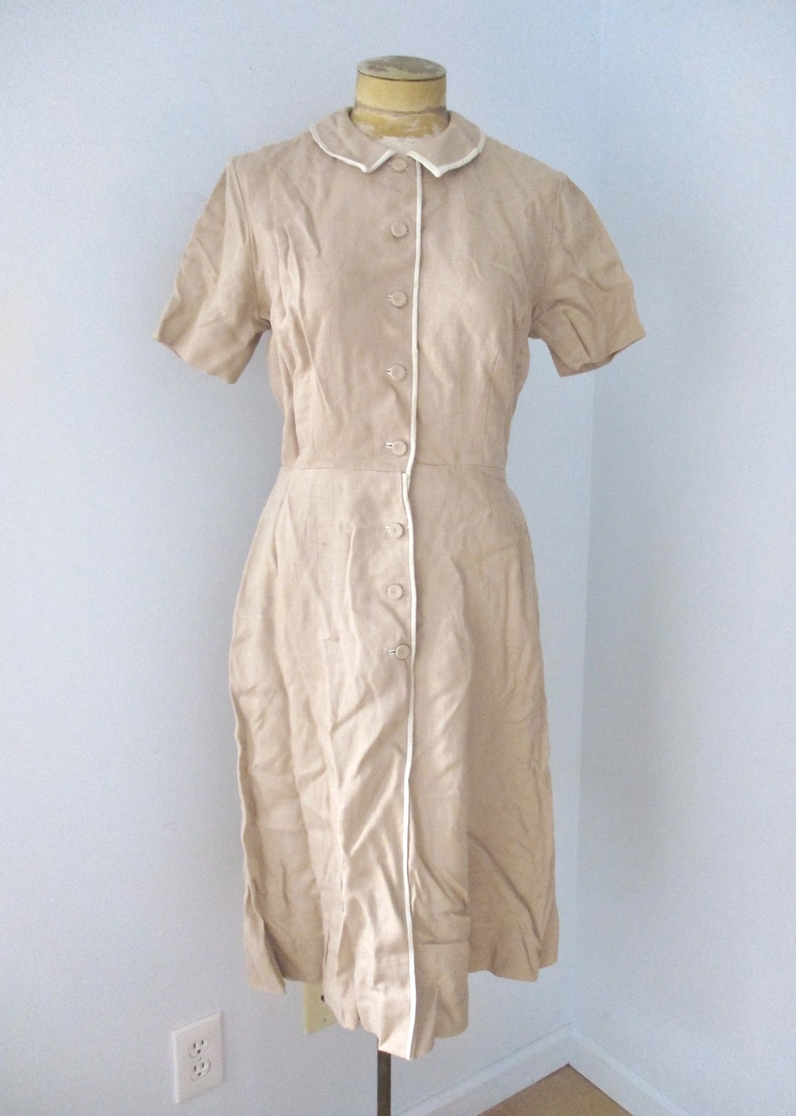 Vtg 60s Moygashel Linens beige shirtwaist secretary dress pockets piping 18