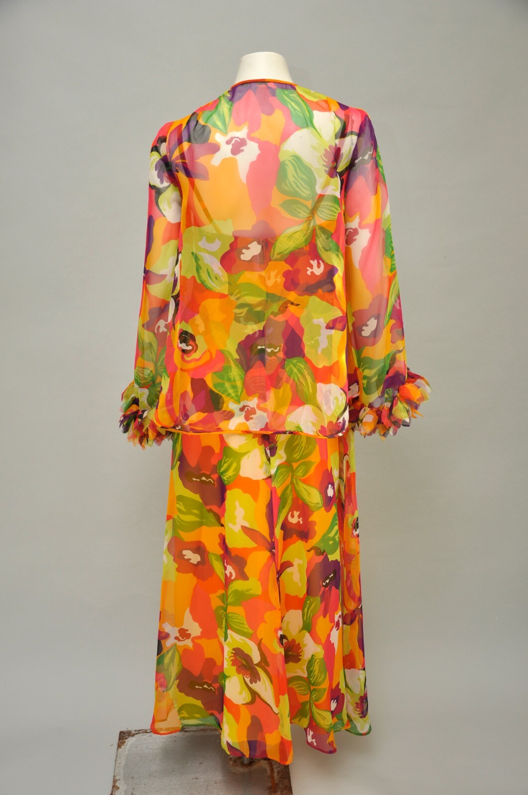 Vintage 1970s LEO NARDUCCI Floral Chiffon Sleeveless Maxi Dress Shirt Boho XS/S