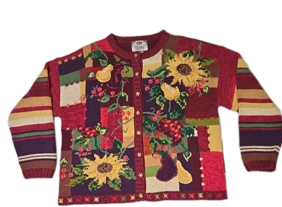 Vintage 2001 Tiara International Chunky Knit Cardigan Sweater Sunflower Fruit XL