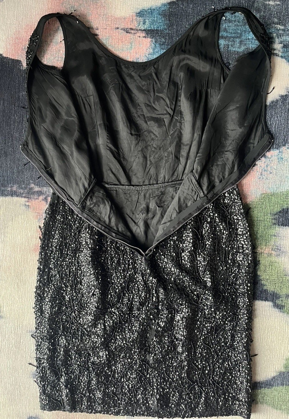 VTG 50s Beaded Fringe Sequin Wiggle Cocktail Dress Size 6-8